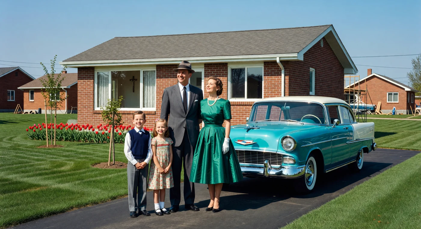Una familia franco-canadiense posa con orgullo frente a su nuevo bungalow de ladrillo en un suburbio de Quebec en 1955, capturando el optimismo y la prosperidad de la era de la posguerra. Ataviados con la elegancia formal de la época y acompañados por un flamante Chevrolet Bel Air bitono, la escena ilustra el surgimiento de la clase media y la naciente cultura del automóvil en Norteamérica. Este momento refleja la rápida expansión urbana y la transformación del paisaje social que caracterizaron la modernización de la sociedad quebequense a mediados del siglo XX.