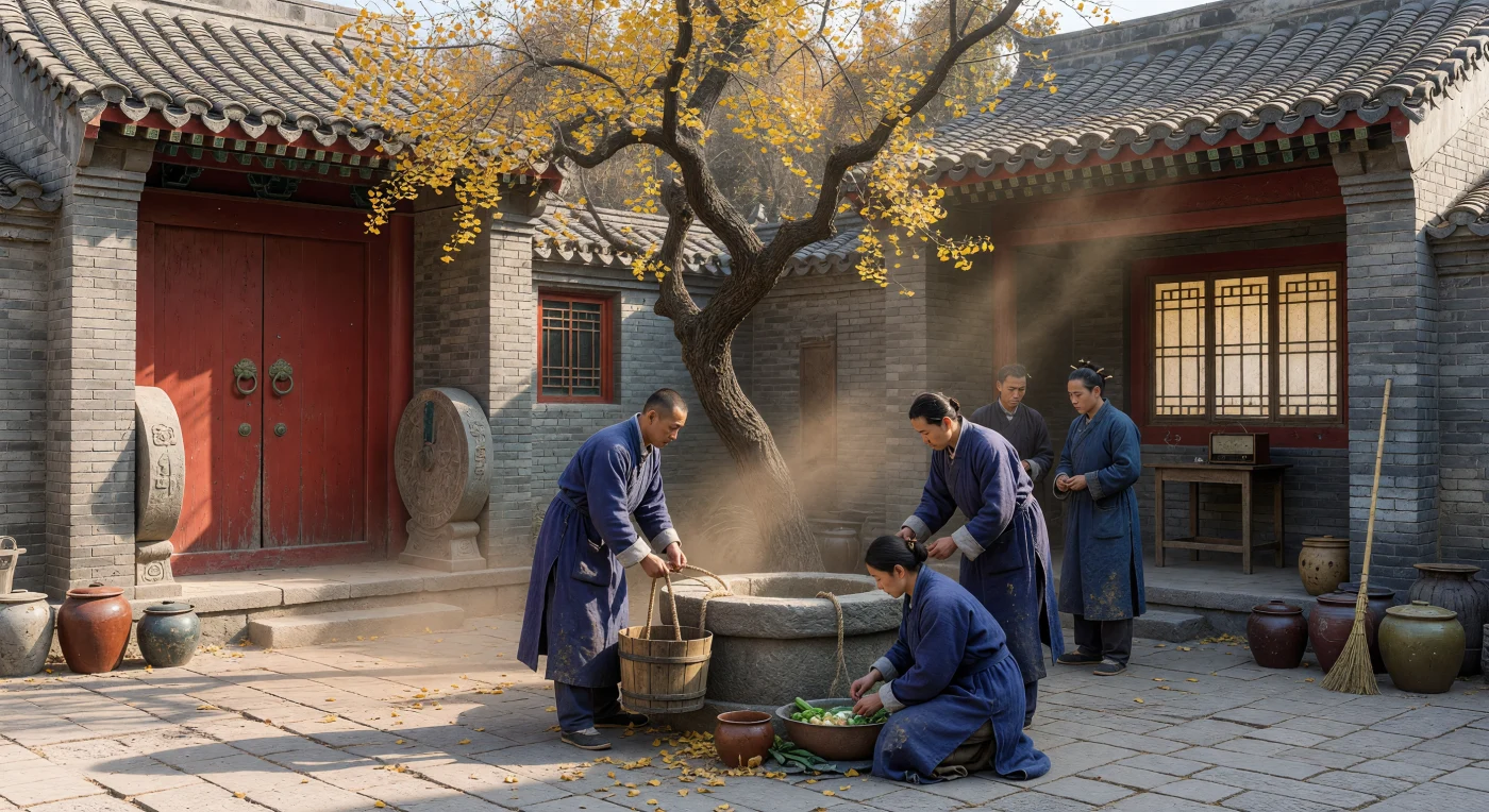 In the autumn of 1937, a Han Chinese family gathers in a traditional Beijing siheyuan as the Second Sino-Japanese War begins to reshape daily life. Dressed in durable, indigo-dyed padded cotton robes (mian-pao), they perform domestic chores amidst the weathered grey brickwork and golden ginkgo leaves characteristic of the city's historic hutongs. The presence of a primitive vacuum tube radio behind paper-paned windows highlights the intersection of centuries-old tradition and the encroaching modern conflict during the early months of Japanese occupation.