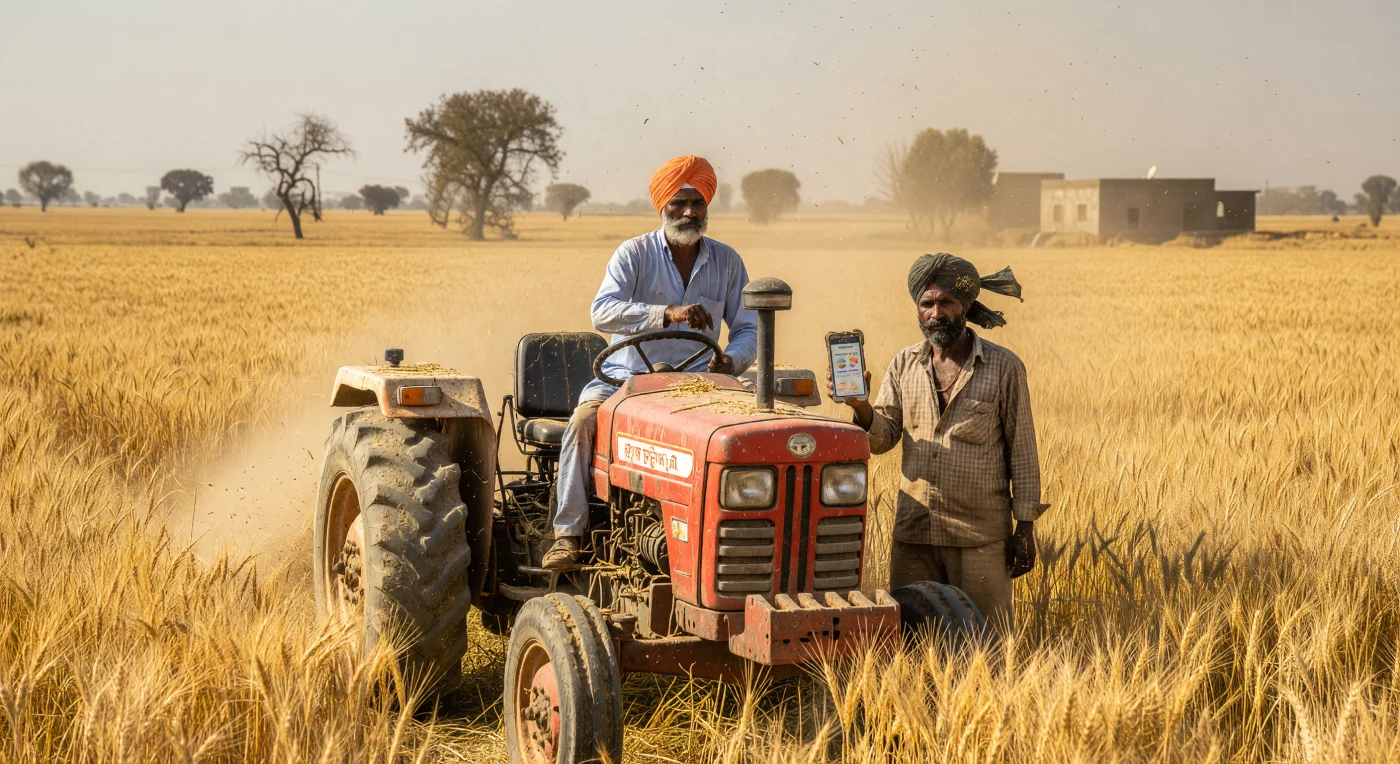 Sous la lumière intense de la saison pré-mousson, deux agriculteurs sikhs coiffés de dastaars traditionnels s'activent dans une mer de blé doré des plaines du Pendjab, aux commandes d'un tracteur Mahindra robuste. Cette scène illustre la fusion frappante entre les traditions agraires et l'ère numérique, alors que l'un des hommes consulte une application météorologique sur son téléphone intelligent pour optimiser la récolte. Ce moment témoigne de la transformation technologique de l'Asie du Sud au début du XXIe siècle, où la précision des données mobiles guide désormais le travail manuel et la mécanisation au cœur du monde rural.