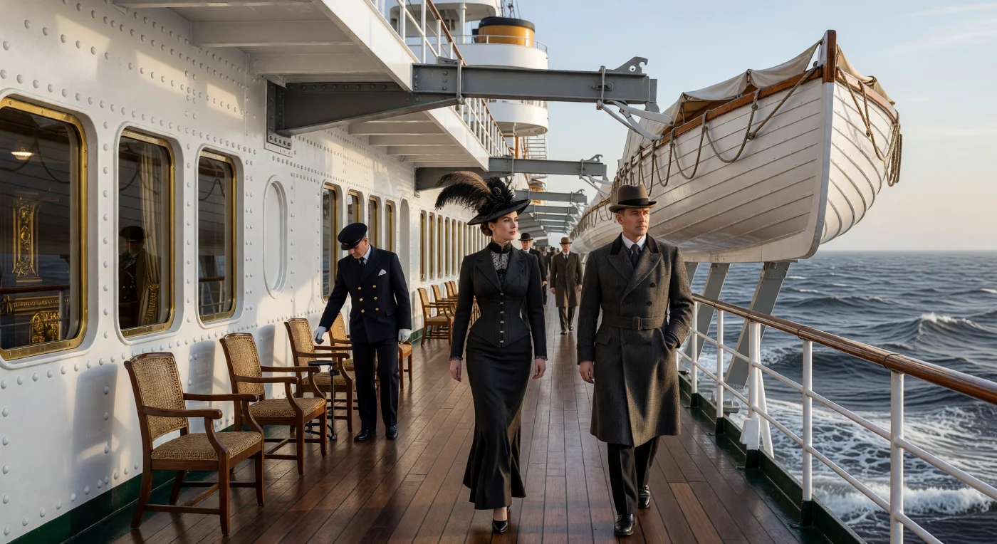 Elite passengers stroll along the polished mahogany A-deck of the RMS *Olympic* during a crisp North Atlantic morning in 1911. This scene illustrates the "floating palace" era, where industrial innovations like riveted steel hulls and Welin davits provided a backdrop for the refined fashions of the Belle Époque, including S-bend silhouettes and heavy wool Ulster coats. As the lead ship of her class, the *Olympic* epitomized the height of maritime luxury and rigid social stratification that defined international travel before the First World War.