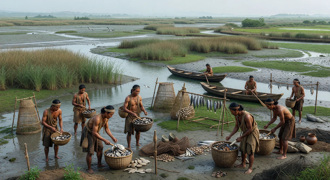 Bei Ebbe waten an einer Flussmündung an der Küste des heutigen Zhejiang oder nördlichen Fujian bronzezeitliche Fischerinnen und Fischer barfuß durch den Schlick, sammeln Austern und Muscheln in geflochtene Körbe und steuern schmale Einbäume zwischen Schilf und Fangreusen. Die Szene zeigt das Leben südostchinesischer Küstengemeinschaften zwischen etwa 130 und 900 v. Chr., deren Alltag von Gezeiten, Fischfang und dem Sammeln von Schalentieren geprägt war. Solche einfachen Trockengestelle, Netze mit Stein- oder Tonsenkern und bescheidenen Pfahlbauten verweisen auf eine maritime Welt jenseits der großen bronzezeitlichen Machtzentren Nordchinas, die dennoch über Tauschkontakte bereits in weitere regionale Netzwerke eingebunden war.
