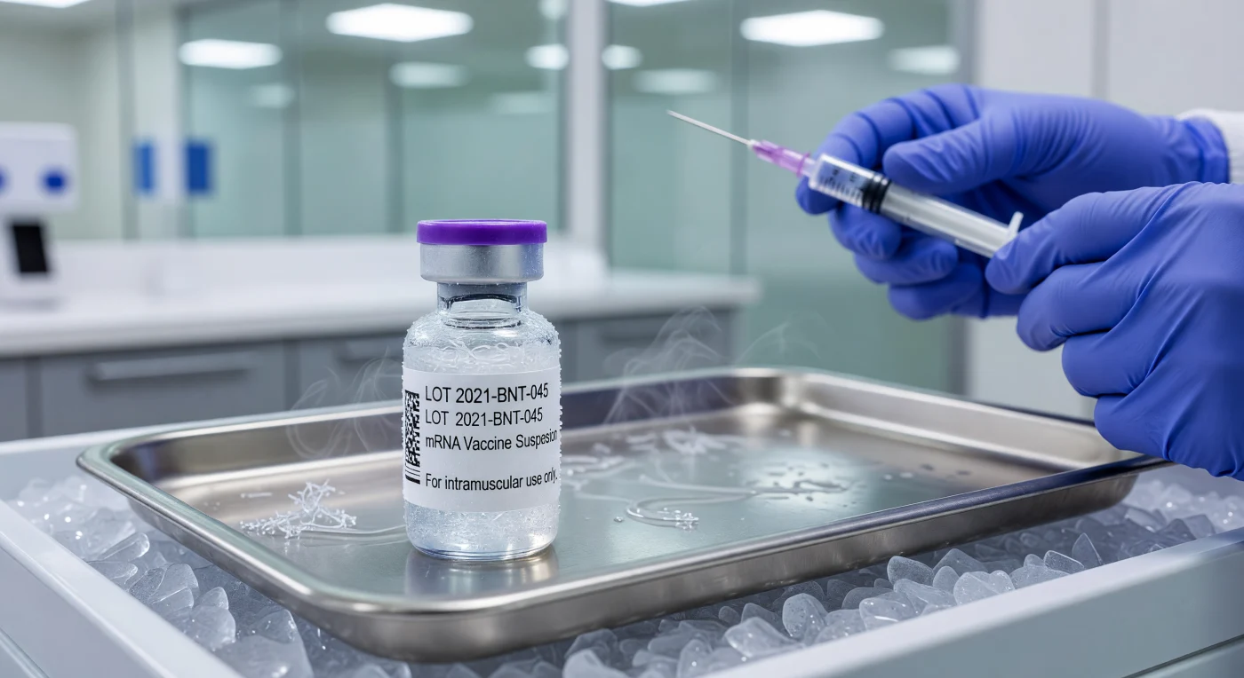 Un flacone di vaccino a mRNA, sigillato da un tappo viola e velato da una sottile brina, riposa su un vassoio d'acciaio tra i vapori del ghiaccio secco. Questa immagine testimonia la rivoluzione medica del 2021, quando la convergenza tra biotecnologia e informatica ha permesso di sviluppare terapie basate su istruzioni genetiche sintetiche racchiuse in nanoparticelle lipidiche. La condensa sul vetro borosilicato evidenzia la complessa logistica della "catena del freddo" a -70°C, necessaria per trasportare questa tecnologia d'avanguardia su scala globale durante la pandemia. Rappresenta un momento cardine dell'Era Digitale, in cui la capacità di sequenziare e programmare la biologia ha trasformato radicalmente la risposta sanitaria dell'umanità.