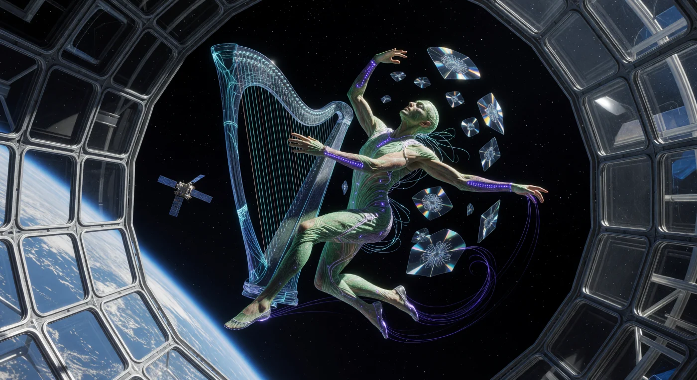 Set during the 22nd-century era known as The Convergence, this scene depicts a post-human musician performing within an orbital "Sphere of Expression" using a Myo-Harp, an instrument played through precise muscle contractions. The performer embodies the "Fluid Morph" aesthetic, featuring carbon-nanotube-reinforced limbs and sub-dermal LED arrays that pulse in synchronization with their physiology. This display illustrates the period’s total integration of biological life and smart technology, utilizing mycelial-silk textiles and micro-gravitic fields to create a symbiotic relationship between the artist and their weightless environment.