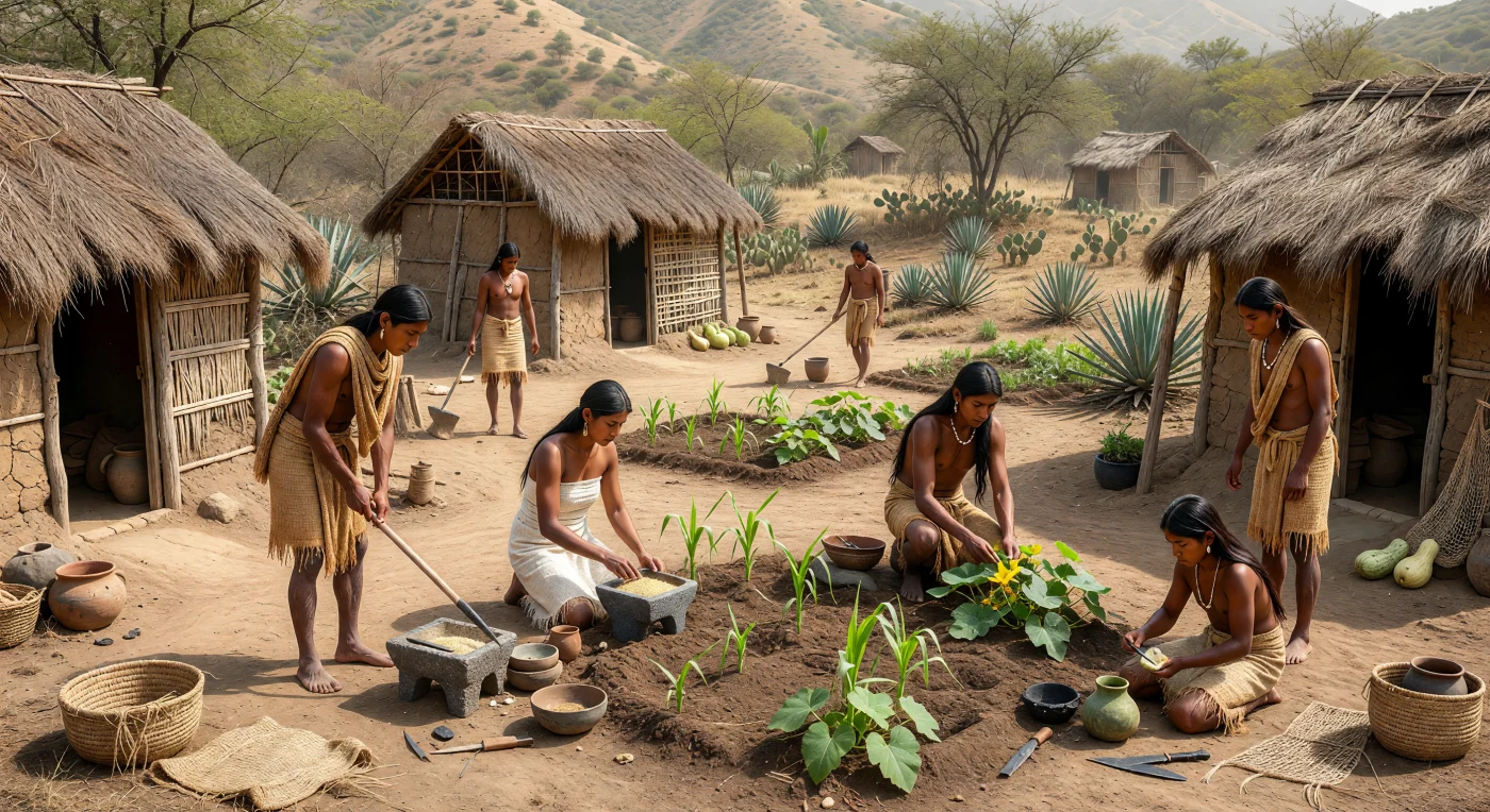 In deze droge hooglandvallei van Oaxaca zien we een kleine Zapoteekse nederzetting uit circa 500–300 v.Chr., met eenvoudige paal-en-riethutten, stoffige moestuinpercelen en mensen die maïs malen, kalebassen snijden en de grond bewerken met houten werktuigen. Dit is een wereld van huishoudelijke landbouw, nog vóór de opkomst van de grote ceremoniële centra waarvoor Oaxaca later bekend werd. De vroege maïs en pompoen, samen met metates, kleivaten en obsidiaan uit regionale handelsnetwerken, tonen hoe dagelijkse voedselproductie en uitwisseling al de basis legden voor complexere samenlevingen in Meso-Amerika.