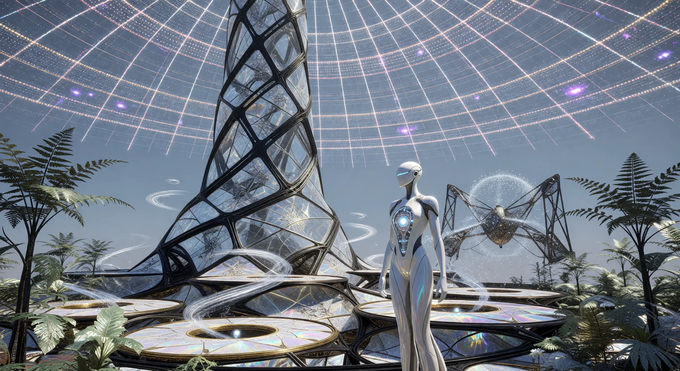 This vista from the Fractal Spire of Shell World-4 captures the height of the Cosmic Maturity era (c. 24,500–98,000 CE), where Type II civilizations reshaped planetary architecture using synthetic diamond-glass and carbon nanotubes. A Diplomatic Humanoid Architect stands alongside a multi-limbed Worker Shell, overseeing a plaza where gravity-anchors of degenerate matter allow water to flow in impossible, upward-spiraling curves. Beneath a sky of luminescent filaments, synthetic "Hardened Biosphere" ferns—reinforced with carbon fiber to withstand high-gravity fluctuations—represent the far-future legacy of ancient Earth flora.