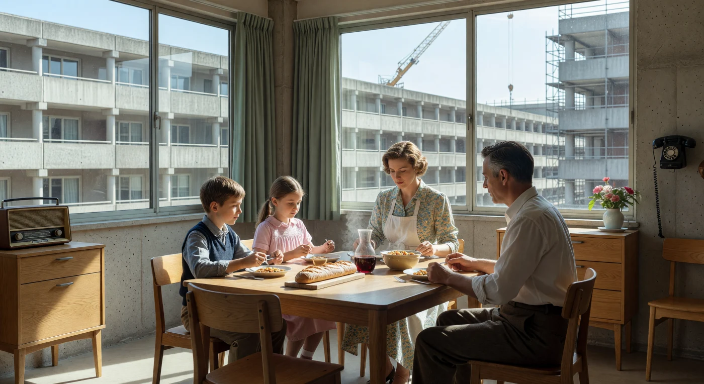 In dieser Szene aus dem Jahr 1955 genießt eine französische Familie ein Mittagessen in einer modernen Neubauwohnung, deren funktionale Einrichtung mit modularen Eichenmöbeln den wirtschaftlichen Aufschwung der „Trente Glorieuses“ widerspiegelt. Durch die großzügigen Fenster blickt man auf eine weitläufige brutalistische Wohnanlage aus Sichtbeton, die als Symbol für den rasanten Wiederaufbau und den technologischen Fortschritt im Europa der Nachkriegszeit steht. Die Verbindung aus traditioneller Lebensweise und der avantgardistischen Architektur Le Corbusiers verdeutlicht den optimistischen Übergang einer ganzen Generation in ein neues, urbanes Zeitalter.