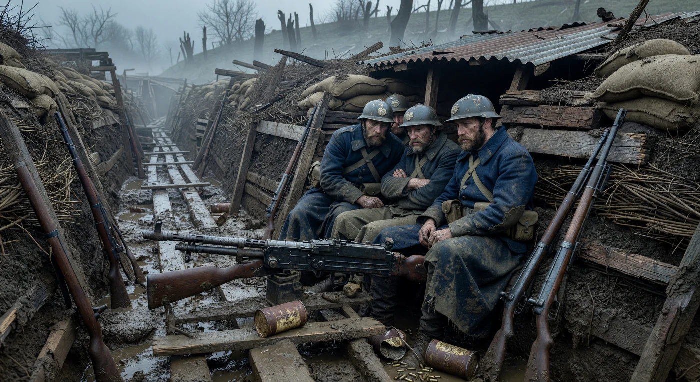 French infantrymen, known as "Poilus," huddle within a mud-choked trench near Verdun in 1916, their Horizon Blue greatcoats and Adrian helmets stained by the pervasive grey clay of the Meuse heights. The scene captures the grim reality of industrial attrition, featuring a captured German MG 08 machine gun positioned among rusted rations and spent shell casings. This depiction illustrates the transition to "Total War," where soldiers endured extreme physical deprivation and psychological strain amidst a landscape shattered by constant artillery bombardment.