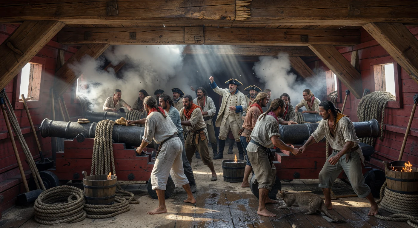 This scene captures the claustrophobic intensity of the lower gun deck aboard a mid-18th-century French ship of the line during a naval engagement. Crewmen man heavy 36-pounder cast-iron cannons amidst thick black powder smoke, their surroundings painted in "rouge d’ocre" to obscure the grim realities of combat. Such vessels were the pinnacle of Early Modern maritime technology, serving as floating fortresses that projected imperial power across the Atlantic.