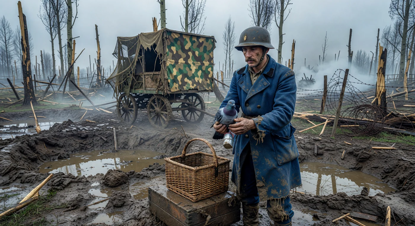 A French *Poilu* in "Horizon Blue" fatigues releases a carrier pigeon from the devastated landscape of the Western Front circa 1917. These birds were vital for tactical communication, often serving as the only reliable link between the front lines and command when telephone wires were severed by heavy artillery fire. The presence of a camouflaged mobile loft amidst the splintered remains of a forest illustrates the essential role of animal couriers within the industrial scale of Great War combat.