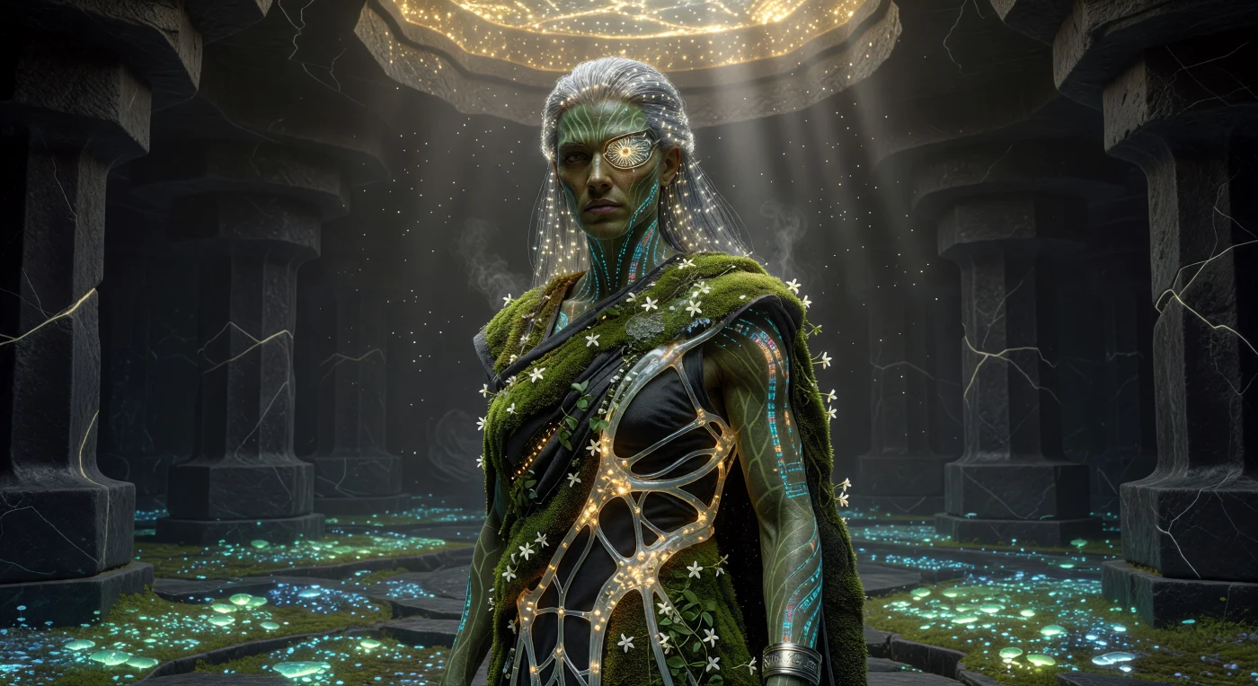 A Gaia-Link Priest stands within a subterranean basalt sanctuary, embodying the symbiotic fusion of biology and technology characteristic of the Augmented Dawn (circa 2075). The post-human figure features photosynthetic skin and "Living Vestments"—an engineered ecosystem of star-jasmine and mosses sustained by a translucent bio-glass circulatory system. This era is defined by the integration of neural interfaces and biomimetic materials, where human physiology is augmented to bridge the gap between silicon-based computation and the organic vitality of the biosphere.