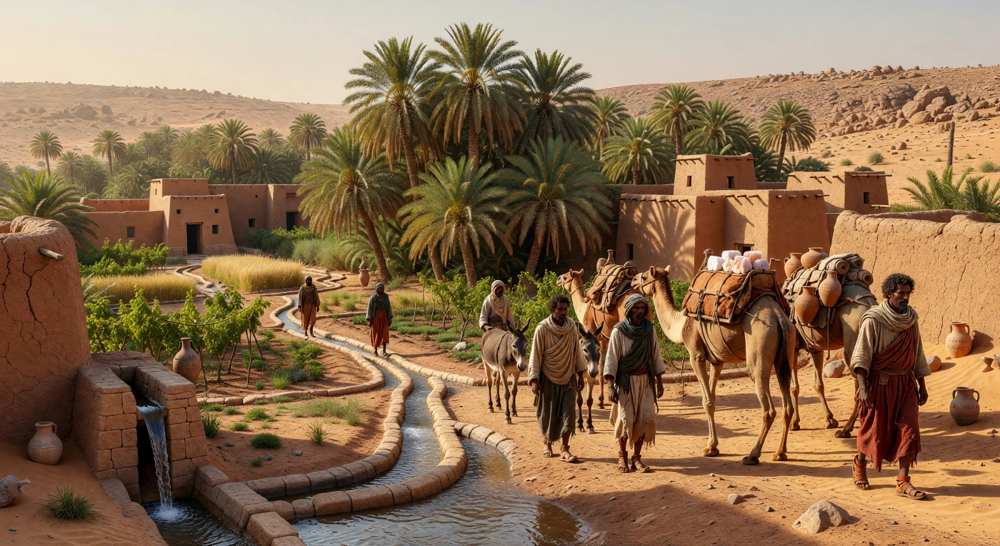 In this 4th-century scene from the Fezzan region of the Sahara, Garamantes traders lead a caravan of dromedaries and donkeys through a vibrant oasis settlement defined by multi-story mud-brick architecture and lush date palms. The image highlights the civilization's advanced *foggara* irrigation technology, which utilized meticulously engineered vertical shafts and clay channels to sustain agriculture in the hyper-arid desert. As key intermediaries in trans-Saharan trade, the Garamantes bridged the Mediterranean and sub-Saharan worlds, transporting salt, hides, and Roman goods across vast distances.