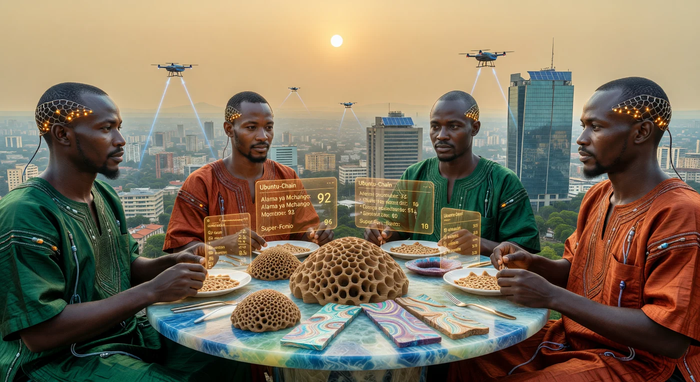 Verso la fine dell'era del Soglia (2025-2050), la stirpe dei Guardiani emerse nel bacino del Congo come risposta adattiva a temperature superiori ai 55°C, integrando membrane nittitanti e una barriera lipidica perlacea per la sopravvivenza equatoriale. In questa veduta di Kinshasa, i soggetti consumano Super-Fonio e proteine coltivate all'interno di strutture biomimetiche che replicano i flussi termici dei termitai, mentre interfacce neurali Kipaji proiettano in tempo reale i dati biometrici della Ubuntu-Chain. L'atmosfera opalescente, saturata da aerosol stratosferici per la mitigazione solare, incornicia un momento di coesione sociale iper-tecnologica, segnando il passaggio definitivo dell'umanità verso una gestione sintetica della propria biologia e del clima globale.