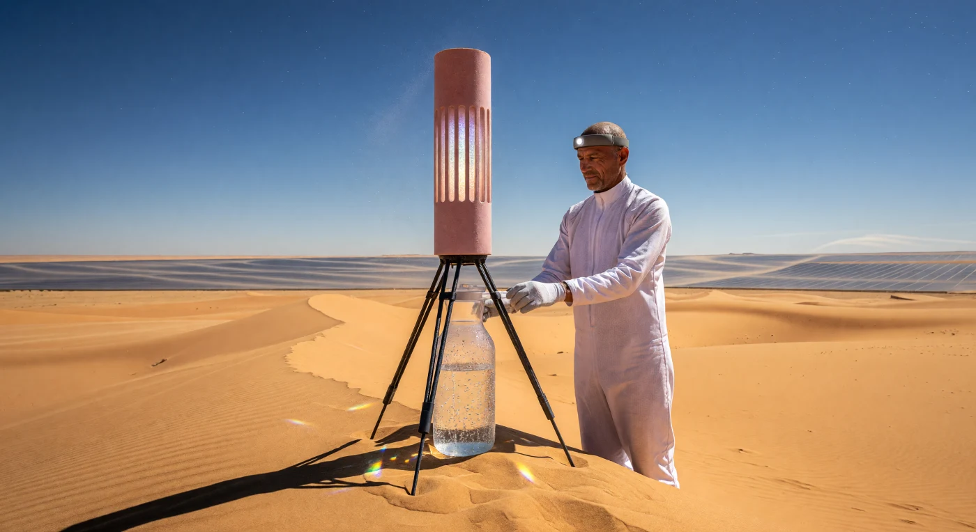 Sullo sfondo delle dune dell’Erg Chebbi, un tecnico di discendenza Tuareg monitora il generatore atmosferico Aether, un dispositivo in ceramica microporosa progettato per estrarre acqua potabile da un'umidità relativa dello 0,1%. Questo scenario, risalente al periodo della "Soglia" (2025–2050), documenta la Grande Convergenza, un'epoca in cui *Homo sapiens* ha fuso scienza dei materiali e intelligenza artificiale per sopravvivere a condizioni climatiche estreme. Attraverso l'uso di reticoli metallo-organici (MOF) e interfacce neurali "Synapse", l'umanità di questo intervallo geologico ha trasformato territori aridi in ecosistemi tecnologicamente abitabili, alimentati dalle distanti schiere solari Helios-9.