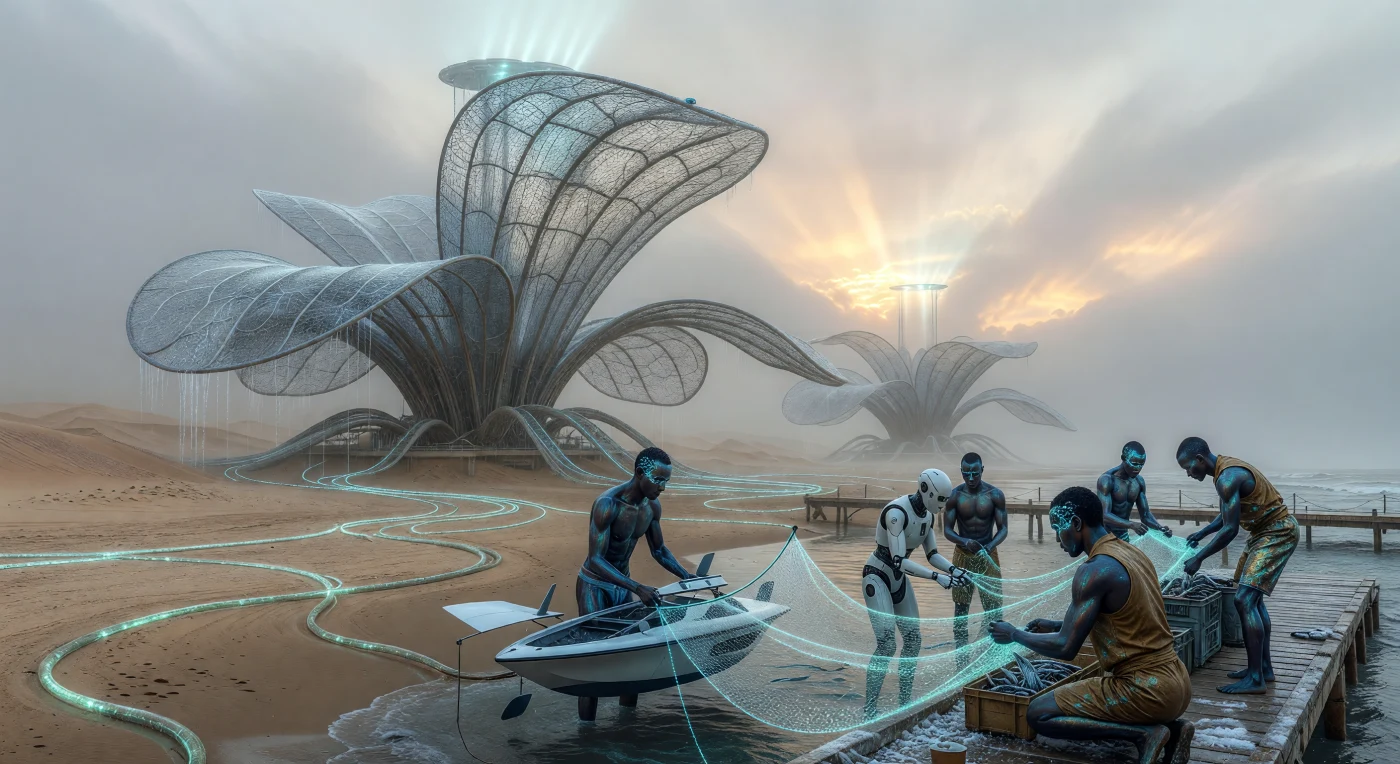 Lungo la costa della Namibia nel 2088, imponenti generatori biomimetici ispirati alla pianta millenaria *Welwitschia mirabilis* estraggono umidità dalla nebbia atlantica, svettando su un porto dove umani "Aumentati", "Naturali" e "Sintetici" collaborano alla pesca ecosostenibile con reti bioluminescenti. Questo scenario dell'era dell'Alba Aumentata (2050-2100) illustra una sofisticata simbiosi tecnologica in cui l'energia a microonde e le strutture in grafene permettono la vita nell'antico deserto del Namib, trasformando la scarsità idrica in risorsa attraverso l'ingegneria climatica. L'integrazione dei legami neurali "Nyansapo" e delle biomasse sintetiche segna un momento cruciale nella cronostratigrafia del futuro, dove l'evoluzione biologica si fonde con la gestione attiva della biosfera terrestre.
