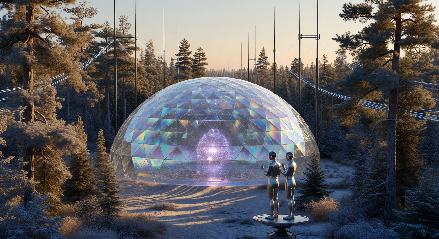 Set in the rewilded Boreal forests of Ontario during the mid-21st century (c. 2025–2050), this scene captures a Helion-class pulse fusion hub—a defining technology of the era known as "The Threshold." The central 100-meter geodesic dome, precipitated through atomic layer deposition, houses a field-reversed configuration reactor that provides clean, near-limitless energy via superconducting carbon nanotube towers. Two "Synapsed" technicians, humans augmented with Neural-Link 4.0 interfaces, are depicted performing micro-gestural adjustments to the reactor's magnetic core via a shared neural overlay. This period represents a pivotal transition in human history, where the mastery of fusion physics and neural integration allowed for the large-scale restoration of Earth’s ecosystems.