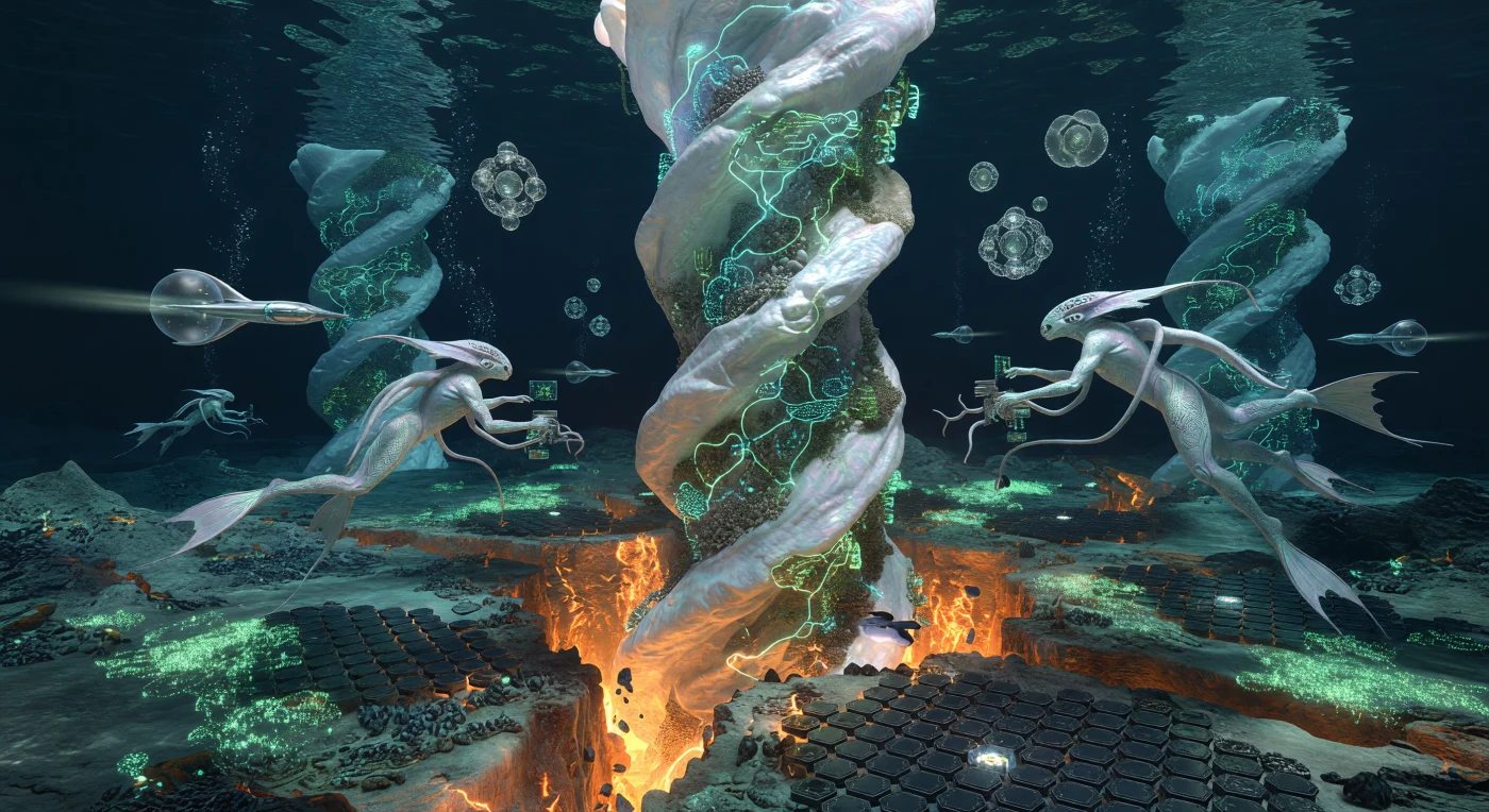 This scene captures a massive Vortex Chimney on the ocean world Tau Ceti e during the Interstellar Dawn (3000–5000 AD), where a two-kilometer-tall pearlescent spire harvests geothermal energy from a 400°C tectonic rift. Navigating the 1.6g abyssal environment are the Cetus-Sapien, bio-engineered humanoids with iridescent, carbon-nanotube-reinforced skin and powerful flukes suited for life at extreme pressures. The surrounding Bio-Lattice—a glowing cyan-green network of engineered coral-computers—and supercavitating slip-sleds demonstrate the advanced fluid-state technology of a civilization thriving 120 kilometers below the planetary surface.