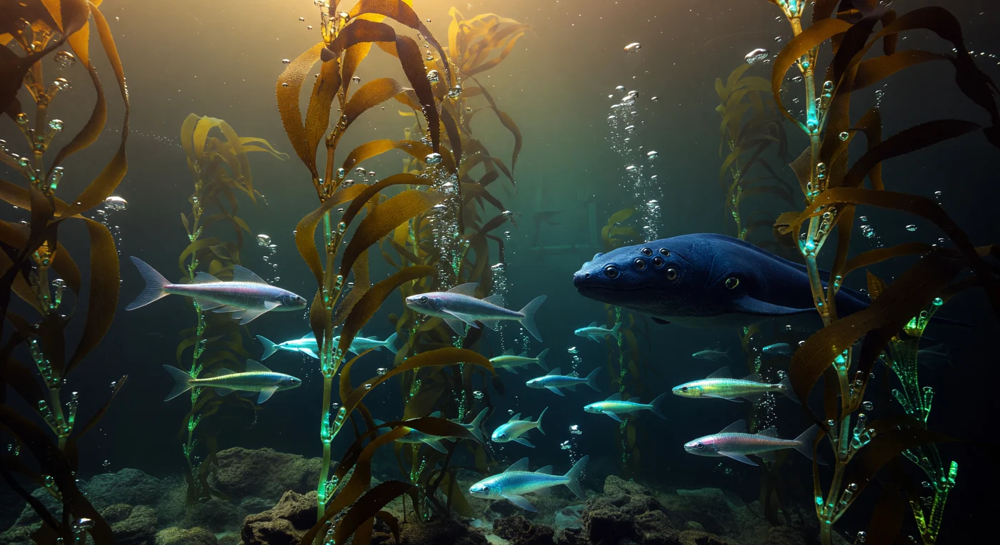 In the abyssal depths of Tau Ceti e during the Interstellar Dawn (3000–5000 AD), a sophisticated bio-engineered ecosystem thrives under 1.6g of gravity. Towering, 500-meter-long Oxygen-Kelps pulse with microfluidic nutrients, providing a luminous sanctuary for schools of iridescent "Glass-Gliders" as they navigate the dense, high-pressure waters. This alien seascape is dominated by the "Hex-Ocular Ravager," an apex predator featuring carbon-nanotube-reinforced skin and specialized sensory organs designed to track the bio-electric signatures of its prey across the 120-kilometer-deep global ocean.