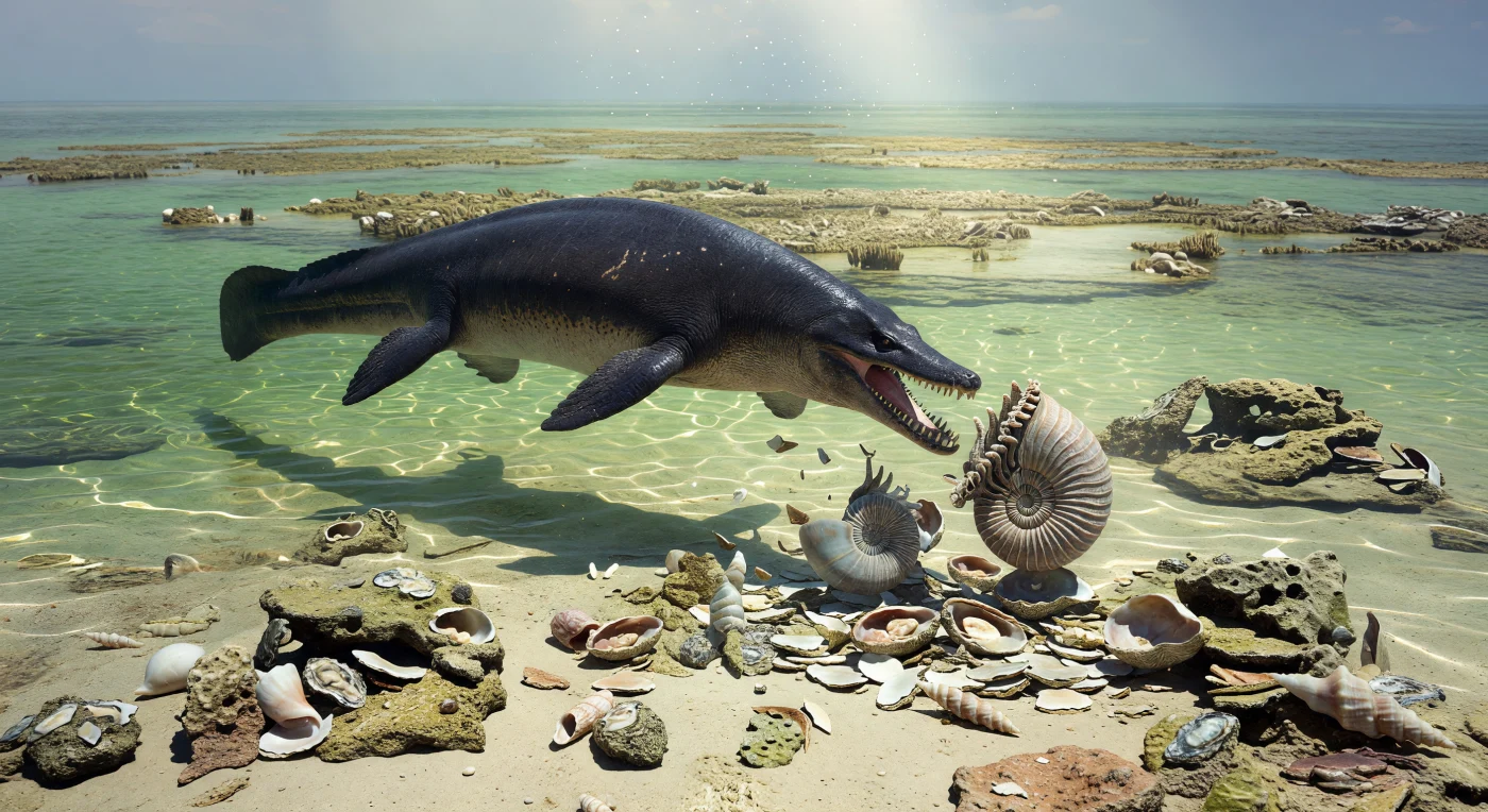In a warm, shallow sea along the equatorial Tethys during the Late Cretaceous, about 100–66 million years ago, a stocky Globidens mosasaur patrols above a carbonate lagoon floor littered with rudist reef rubble and broken shells. Its short, powerful jaws and rounded crushing teeth were specialized for durophagy, allowing it to crack hard-shelled prey such as ammonites and bivalves. Around it lie characteristic inhabitants of these tropical shelf habitats, including oysters, high-spired Nerinea gastropods, and small crabs among the sunlit lime sands and shell beds.