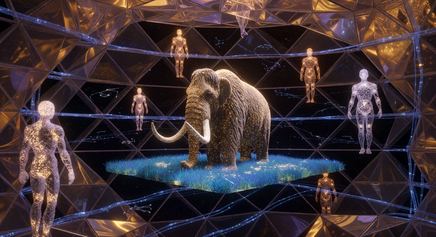 Within the shimmering computational layers of a Matrioshka Brain, a life-sized woolly mammoth (*Mammuthus primigenius*) is rendered in golden voxels, grazing upon a simulated patch of Pleistocene tundra. Set during the era of Cosmic Maturity (approximately 20,000–100,000 CE), this scene illustrates the efforts of the "Contemplatives"—post-biological entities—to preserve Earth's extinct megafauna through hyper-precise quantum simulations. The archive captures the specific anatomical adaptations of the mammoth, such as its insulating coat and specialized tusks, serving as a digital reliquary for a species that vanished from the physical world millennia before the construction of these stellar-scale megastructures.
