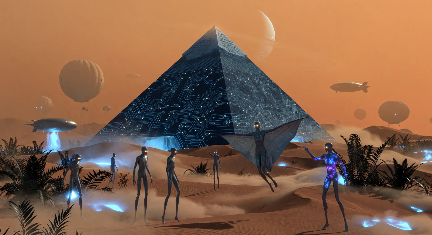 Dans les dunes sombres de Shangri-La sur Titan, des membres de l'espèce *Homo adaptus* évoluent devant une réplique de la Grande Pyramide de Gizeh, ici sculptée dans une glace d'eau aussi dure que le granite et gravée de circuits supraconducteurs. Durant la période de la Grande Divergence (2200-2500), ce monument servait de processeur colossal pour les consciences de *Homo digitalis*, profitant des températures cryogéniques de 94 K pour une efficacité de calcul inégalée. Sous un ciel de méthane orangé où plane le croissant de Saturne, ces transhumains de trois mètres de haut utilisent leurs membranes alaires pour naviguer dans l'atmosphère dense, illustrant l'adaptation radicale de la lignée humaine aux mondes extérieurs.