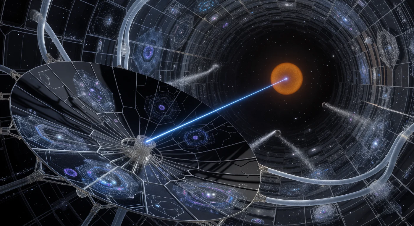 A colossal graphene transmitter on the surface of a Matrioshka shell fires a high-intensity sapphire laser, carrying compressed consciousness data across the interstellar void toward the Sirius system. Set during the era of Cosmic Maturity (approximately 20,000 to 100,000 CE), this scene illustrates the height of a Kardashev Type II civilization where energy is harvested directly from a central G-type star to power stellar-scale engineering. Within the glowing diamondoid lattices of the structure reside the Contemplatives—post-biological Substrate-Independent Minds (SIMs) who exist as complex quantum patterns cooled by superfluid helium loops. To maintain their existence, these entities have transcended biological forms, processing information at the physical limits of the universe while disassembling nearby celestial bodies for raw materials.