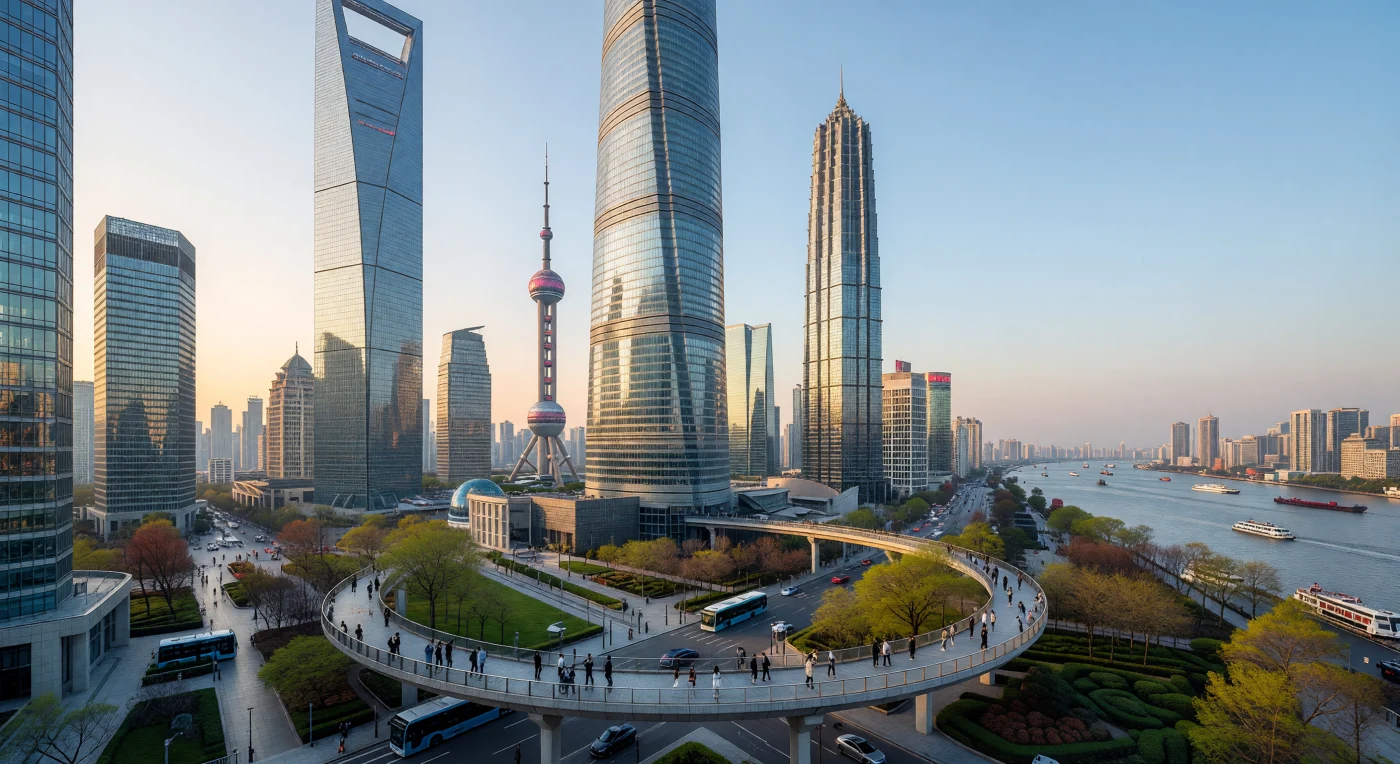 Lo skyline di Lujiazui a Shanghai risplende nella luce mattutina del 2024, dominato dalla maestosa Shanghai Tower con la sua facciata in vetro a torsione di 120 gradi che svetta accanto alla silhouette neofuturista del Jin Mao Building e alle iconiche sfere rosa della Oriental Pearl Tower. Questa veduta cattura l'apice dell'era digitale in Asia orientale, documentando la trasformazione della Cina in un leader dell'innovazione tecnologica attraverso un'architettura d'avanguardia che integra reti 5G e infrastrutture ecosostenibili. Tra veicoli elettrici silenziosi e passanti iper-connessi, l'immagine illustra la densità delle megalopoli del XXI secolo, dove il design audace e l'ambizione urbana definiscono il nuovo volto del potere economico globale.