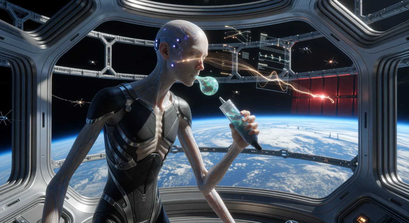 In dit tafereel uit 2144 n.Chr. zien we een Grav-Adapted mens binnen de leefomgeving van de Earth Orbital Ring, een evolutionair resultaat van een leven in lage zwaartekracht. Het individu, gekenmerkt door langgerekte ledematen en een ondersteunend exoskelet van koolstofvezel, consumeert synthetische algenpasta terwijl holografische stromen uit de 'Noosphere' direct met zijn neurale interface communiceren. Deze scène illustreert het tijdperk van de Convergentie, waarin de menselijke fysiologie en geavanceerde digitale architectuur onlosmakelijk met elkaar verweven zijn geraakt tegen de schitterende achtergrond van onze thuisplaneet.