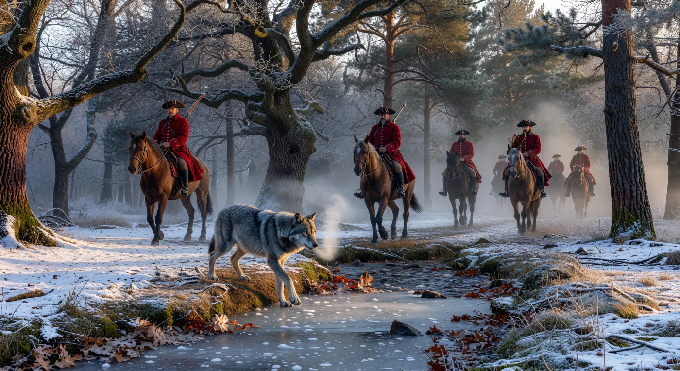 A solitary gray wolf pauses on the frosted bank of a frozen stream as a group of mid-18th-century aristocratic hunters emerges through the dense winter mist. Clad in traditional madder-red justaucorps and tricorn hats, these riders represent the ritualized "performance" of the hunt within the strictly managed royal forests of the Enlightenment era. This scene illustrates the complex relationship between the European wilderness and the nobility, who viewed the pursuit of such predators as both an elite sport and a symbolic assertion of human dominance over the natural world.