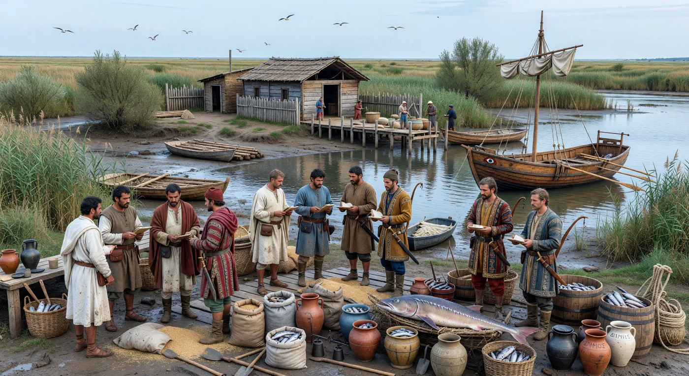 On a muddy Black Sea estuary, Greek merchants in weathered wool cloaks haggle with Scythian traders in patterned trousers and pointed felt caps over sacks of grain, jars of salted fish, and a massive sturgeon laid out for sale. Such scenes reflect the 6th-century BC exchange between Milesian-founded emporia and the steppe world, where grain, fish, timber, and other raw materials moved south in return for Greek pottery, textiles, and metal goods. The reed beds, timber sheds, river craft, and amphorae evoke a frontier harbor where Greek maritime commerce met the pastoral and riverine economies of the northern Black Sea.