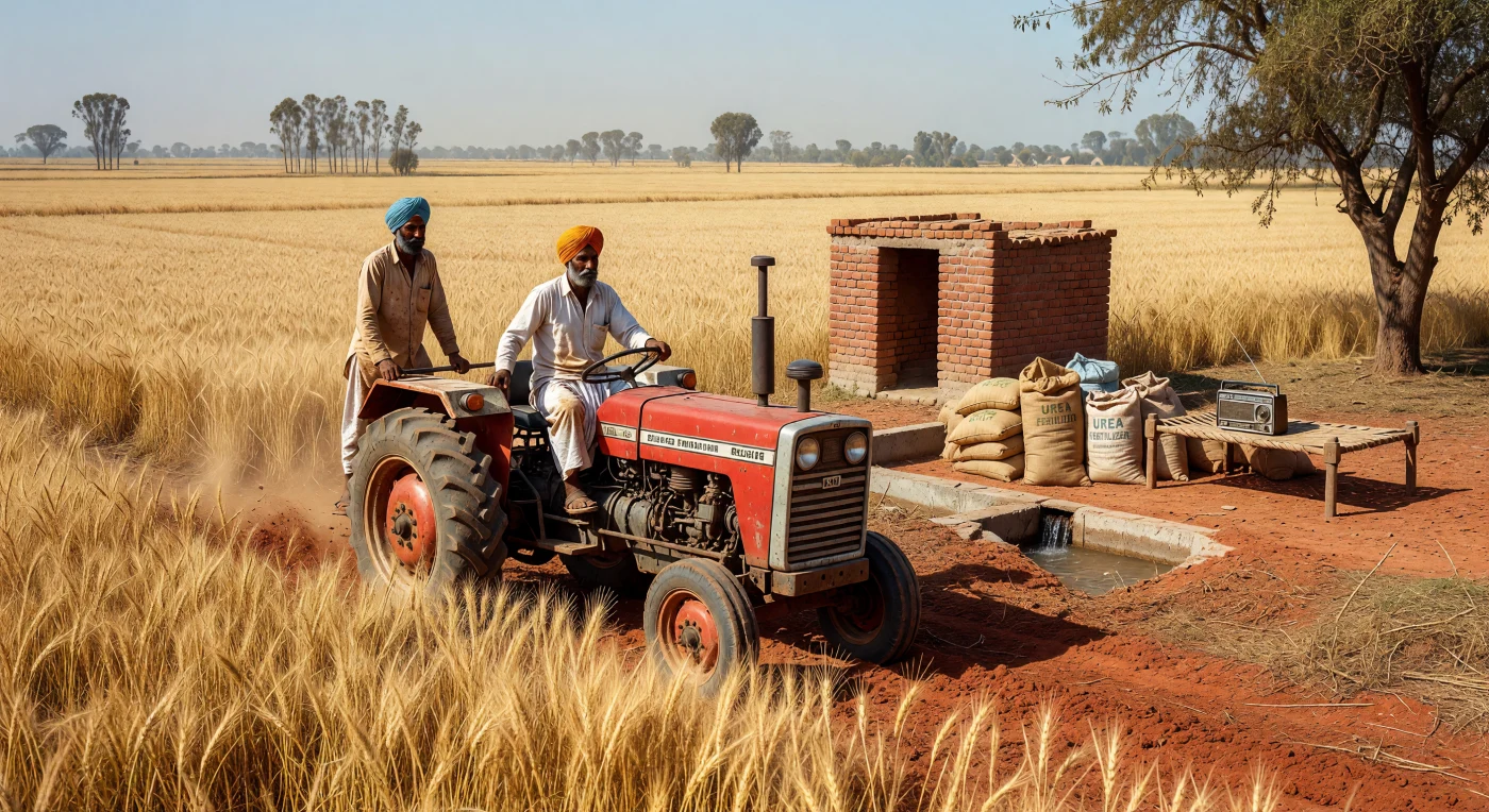 Sikh farmers navigate a red Massey Ferguson tractor through the vast, shimmering wheat fields of Punjab during the 1975 Baisakhi harvest. This scene illustrates the "Green Revolution," a pivotal era of agricultural modernization in North India characterized by the introduction of high-yield seeds, chemical fertilizers, and mechanized irrigation. The juxtaposition of traditional attire and the wooden charpai with industrial machinery reflects a society in rapid transition as it moved toward agricultural self-sufficiency.