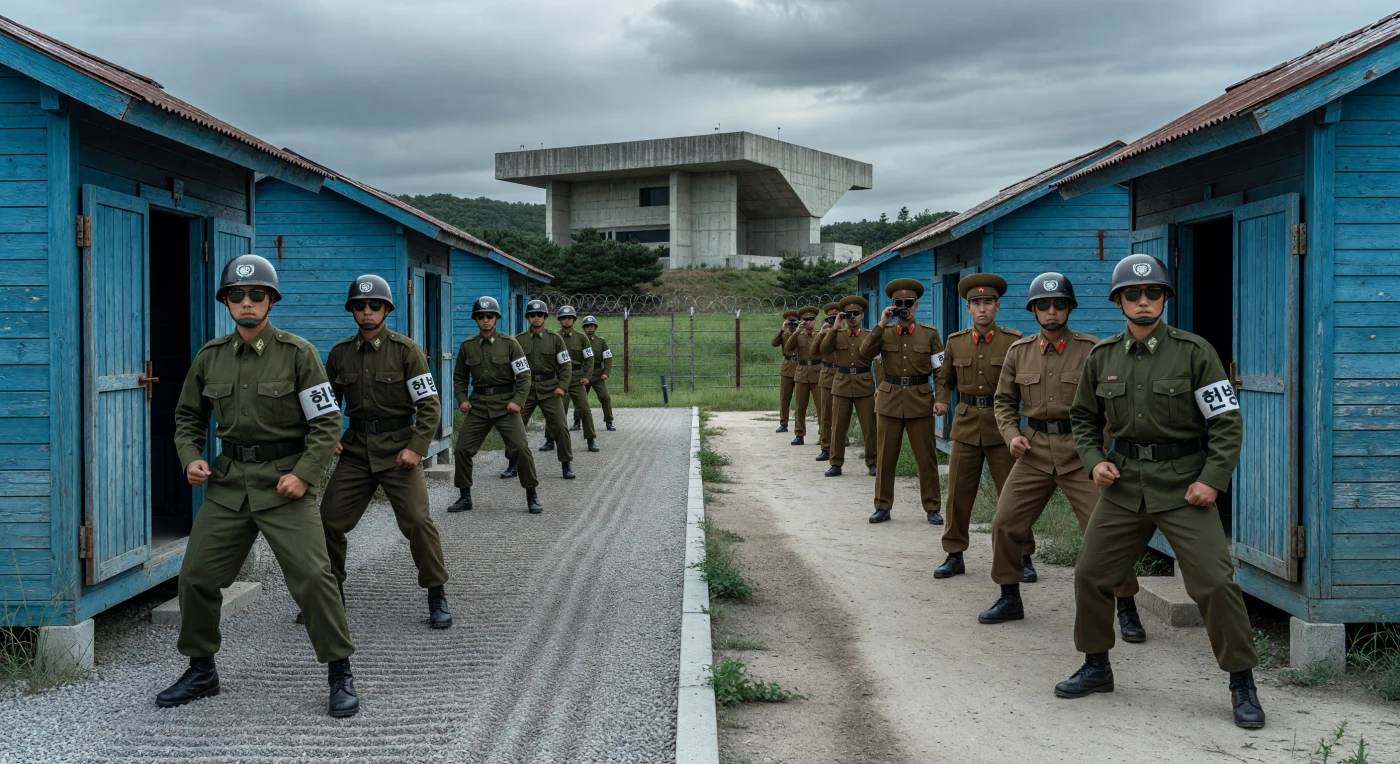 Soldados sul-coreanos em posturas rígidas de combate vigiam a Linha de Demarcação Militar em Panmunjom, separados de seus homólogos norte-coreanos apenas por um estreito degrau de concreto entre os icônicos pavilhões azuis da ONU. Esta cena do final da década de 1970 ilustra a paralisante tensão da Guerra Fria, onde sentinelas de óculos espelhados e uniformes engomados mantêm uma vigília constante na fronteira mais fortificada do mundo. O cenário estéril e o confronto silencioso entre o Sul e o Norte simbolizam a profunda divisão política da península coreana que persiste desde o armistício de 1953.