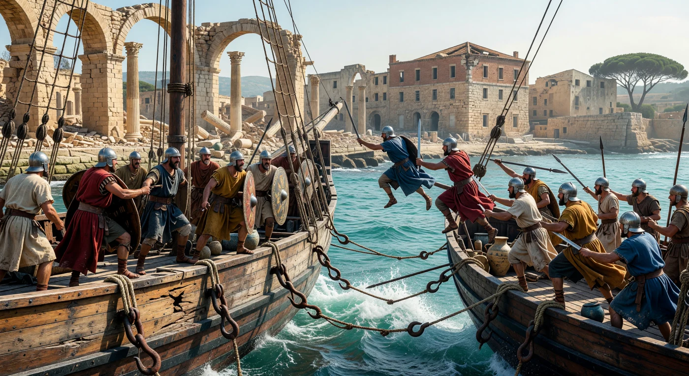 Guerreiros vândalos, equipados com elmos de ferro e túnicas de lã, lançam ganchos de abordagem contra um dromo romano nas águas agitadas do Mediterrâneo. Esta incursão naval de meados do século V d.C. ocorre junto à costa de Cartago, cujas ruínas de calcário e armazéns portuários servem de pano de fundo para o violento confronto. A cena ilustra a ascensão dos povos germânicos como uma nova potência marítima, desafiando o milenar domínio romano sobre o Norte de África durante a Antiguidade Tardia.