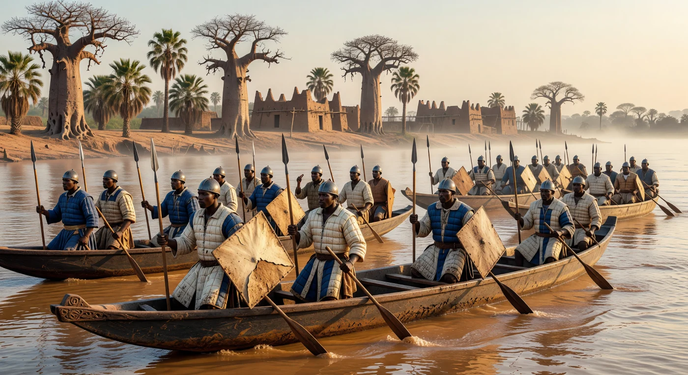 Au faîte de sa puissance au XVIe siècle, l'Empire songhaï déployait sur le fleuve Niger d'imposantes flottilles de guerre composées de pirogues massives sculptées dans l'acajou. Ces soldats d'élite, protégés par des armures de coton ouaté conçues pour dévier les flèches et des boucliers en peau de bœuf, illustrent la sophistication militaire et l'organisation rigoureuse de cette puissance ouest-africaine. Cette domination fluviale était essentielle pour sécuriser les routes commerciales transsahariennes et projeter l'autorité impériale à travers le paysage aride du Sahel, marqué par son architecture distinctive en terre crue.