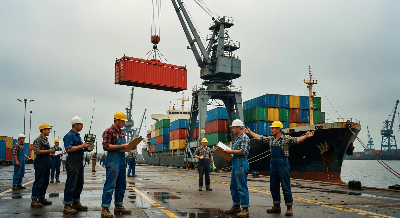 Em 1968, o Porto de Roterdã marca o início da revolução da conteinerização, com guindastes maciços içando unidades de aço coloridas sobre navios de carga em uma paisagem industrial cinzenta. Trabalhadores portuários em trajes de brim coordenam esta transição logística, que substituiu o carregamento manual tradicional por um sistema global padronizado e ultraeficiente. Esta mudança tecnológica foi crucial para a integração econômica da Europa no pós-guerra, transformando permanentemente a escala e a velocidade do comércio internacional.