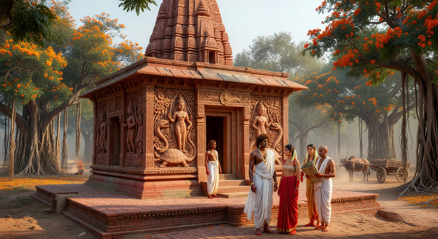 This scene depicts the Dashavatara Temple at Deogarh, a seminal example of Gupta Dynasty architecture marking the transition from simple flat-roofed shrines to the monumental pyramidal towers known as *shikharas*. Intricately carved in red sandstone, the temple’s doorway features the river goddesses Ganga and Yamuna, symbolizing spiritual purification for the devotees gathered upon the high brick plinth. The figures, dressed in fine translucent muslins and adorned with traditional jewelry and floral garlands, illustrate the sophisticated urban culture and religious devotion that characterized South Asia’s "Golden Age" during the 5th century AD.