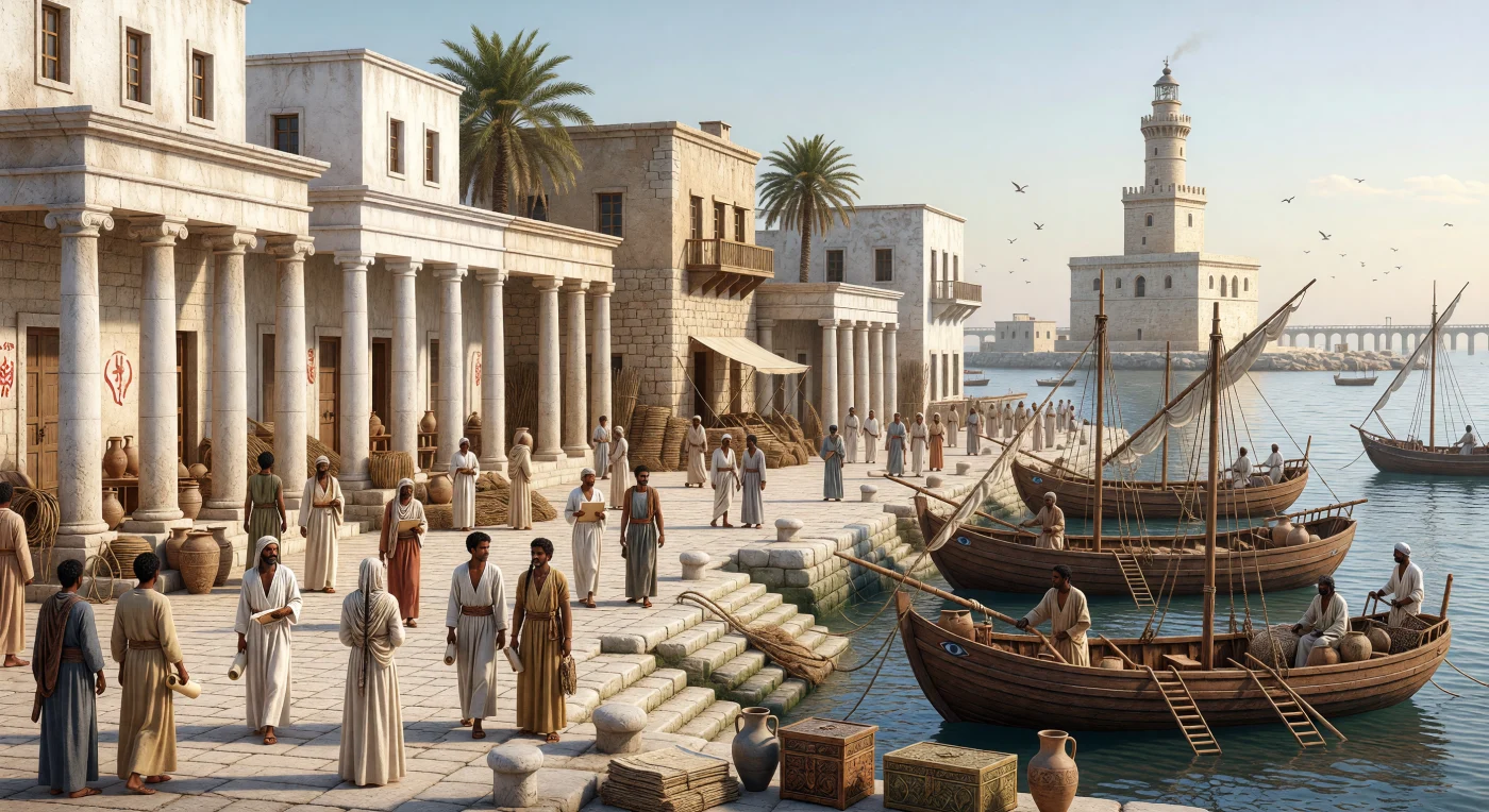 Langs de brede kades van het Ptolemeïsche Alexandrië stroomt een bonte menigte van Egyptenaren, Grieken, Joden en Nubiërs tussen kalkstenen zuilengangen, pakhuizen en opgestapelde amforen, terwijl beneden koopvaardijschepen en galeien in het heldere havenwater liggen. In de verte rijst de beroemde Pharos op, de vuurtoren die deze stad tot een van de bekendste zeehavens van de oudheid maakte. Gesticht door Alexander de Grote en bestuurd door de Ptolemaeën groeide Alexandrië in de 3e tot 1e eeuw v.Chr. uit tot een kosmopolitisch knooppunt waar handel, bestuur en culturen uit Egypte, de Egeïsche wereld, de Levant en Nubië samenkwamen.