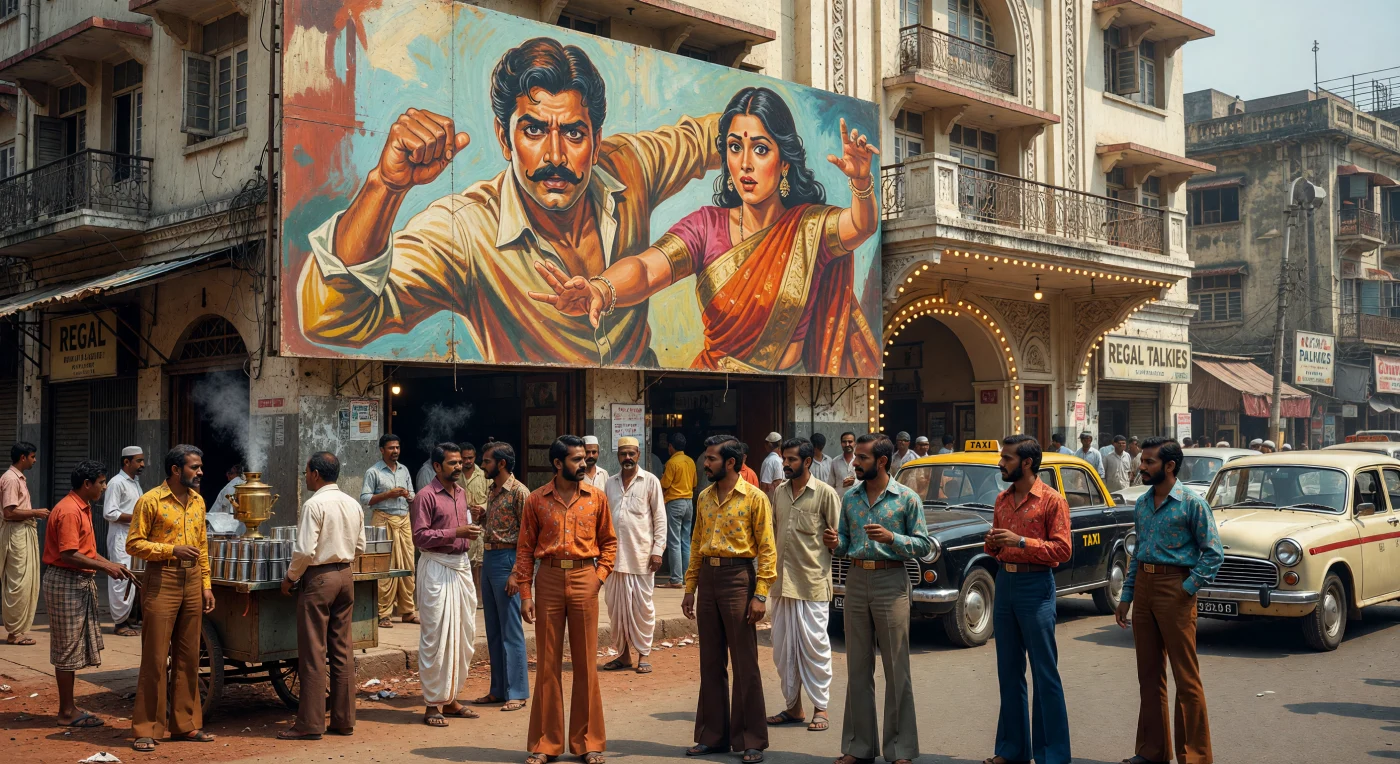 Vor einem prächtigen Art-déco-Kino in Bombay des Jahres 1982 versammelt sich eine Menschenmenge unter einem gewaltigen, handbemalten Sperrholzplakat, das die Helden eines Bollywood-Actionfilms in leuchtenden Ölfarben darstellt. Die Männer in der Menge tragen die für die frühen 1980er-Jahre typischen Schlaghosen und Hemden mit großen Kragen, während klassische Premier-Padmini-Taxis durch die staubige, sonnendurchflutete Straße navigieren. Diese Szene illustriert die Blütezeit des indischen Kinos als zentrales kulturelles Medium und fängt die heute fast verschwundene Kunstform der monumentalen, handgefertigten Filmplakate ein.