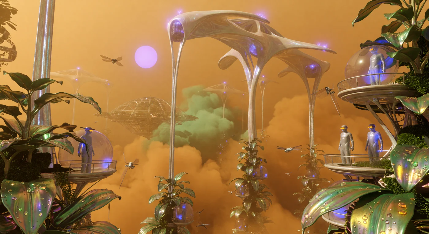 Suspended 55 kilometers above the Venusian surface, this scene depicts the Hanging Gardens of the Cytherean Clouds during the Solar Expansion era (2500–3000 AD). Massive, self-healing Bio-Chitin spines support vertical orchards of genetically modified flora, featuring iridescent foliage engineered to thrive within the planet’s caustic sulfuric acid mists. These atmospheric habitats are populated by Cytherean colonists who, adapted to the environment through "filter-skin" membranes and elongated physiology, manage the sprawling aerostat hubs that define human architecture in the post-planetary age.