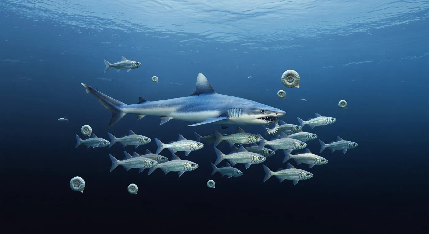 In the tropical open waters of Panthalassa about 260–252 million years ago, a large Helicoprion—an unusual shark-like relative of modern chimaeras—sweeps through a school of small palaeonisciform fishes while its distinctive spiral tooth whorl flashes from the lower jaw. Nearby, ribbed ammonoids such as Medlicottia and Paraceltites drift in the sunlit water column, emphasizing the rich pelagic life of the Late Permian sea. This scene captures a moment shortly before the end-Permian mass extinction, when marine ecosystems of the world’s greatest ocean were on the brink of the “Great Dying.”