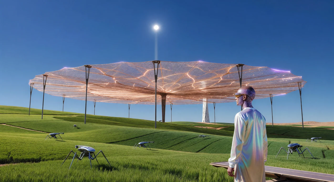 Tijdens 'De Convergentie' in de 22e eeuw (ca. 2100-2200) transformeerden de Marokkaanse Atlas-uitlopers in een technologisch ecosysteem waar een gigantisch koperen Helios-Aether-netwerk microgolfenergie opvangt van een permanent stralende orbitale zeilster. Onder dit glinsterende baldakijn bewerken insectoïde drones uitgestrekte velden van bio-engineered tarwe, terwijl op de achtergrond een 800 meter hoge Atmosferische Calcificeerder actief CO2 omzet in vaste kalksteen om het klimaat te herstellen. Een technicus, wiens zenuwstelsel via de iriserende draden van de Synaptische Weving is versmolten met het wereldwijde netwerk, belichaamt de totale integratie van biologie en kunstmatige intelligentie die deze unieke periode in de menselijke geschiedenis definieert.