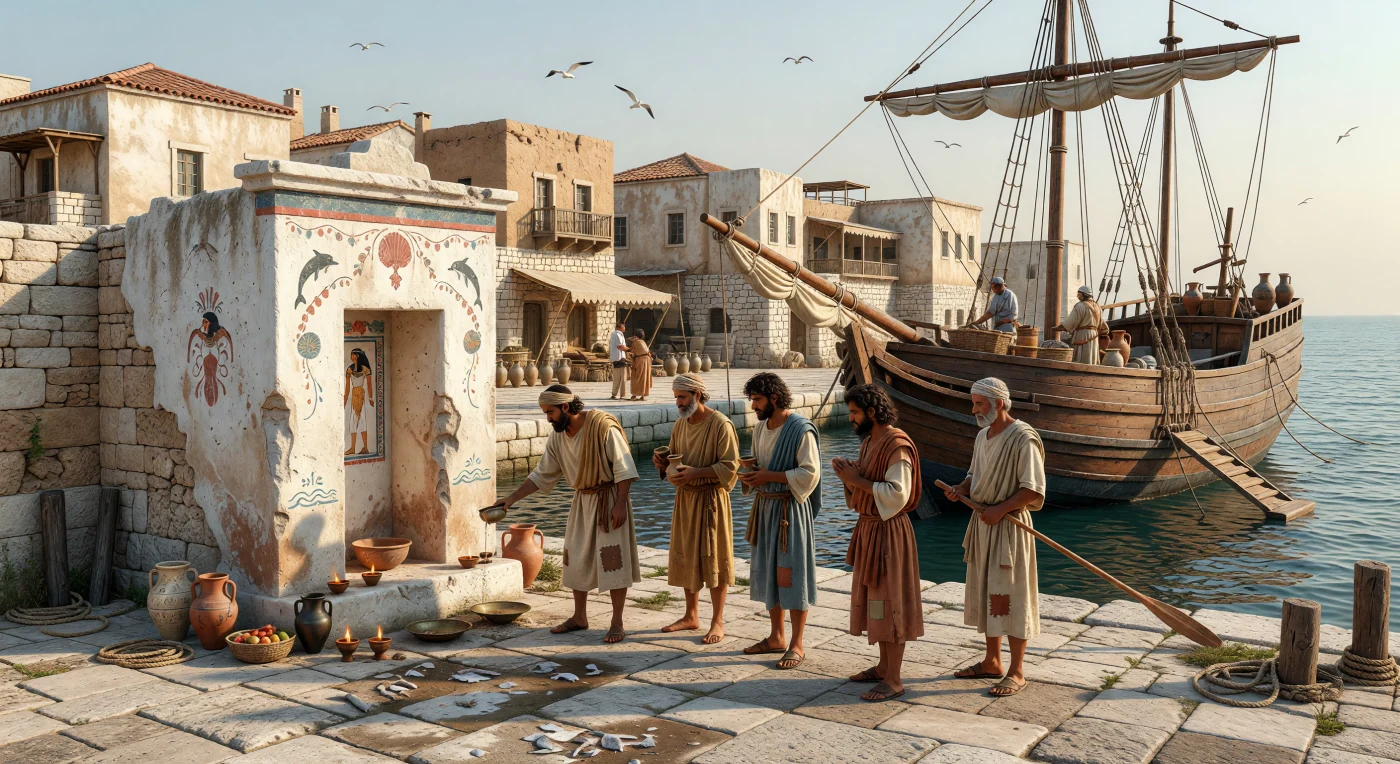 At first light on a Hellenistic quay in the eastern Mediterranean, sailors and merchants pause before a small stuccoed shrine of Isis Pelagia, protector of seafarers, to pour a libation before embarkation. Their belted chitons, simple cloaks, headscarves, amphorae, and the broad-beamed merchant ship with its furled square sail evoke the cosmopolitan ports of the 2nd century BC, where Greek, Egyptian, and Levantine traditions met in daily commerce and ritual. The scene captures the practical piety of ancient maritime life, when safe passage depended as much on divine favor as on seamanship.