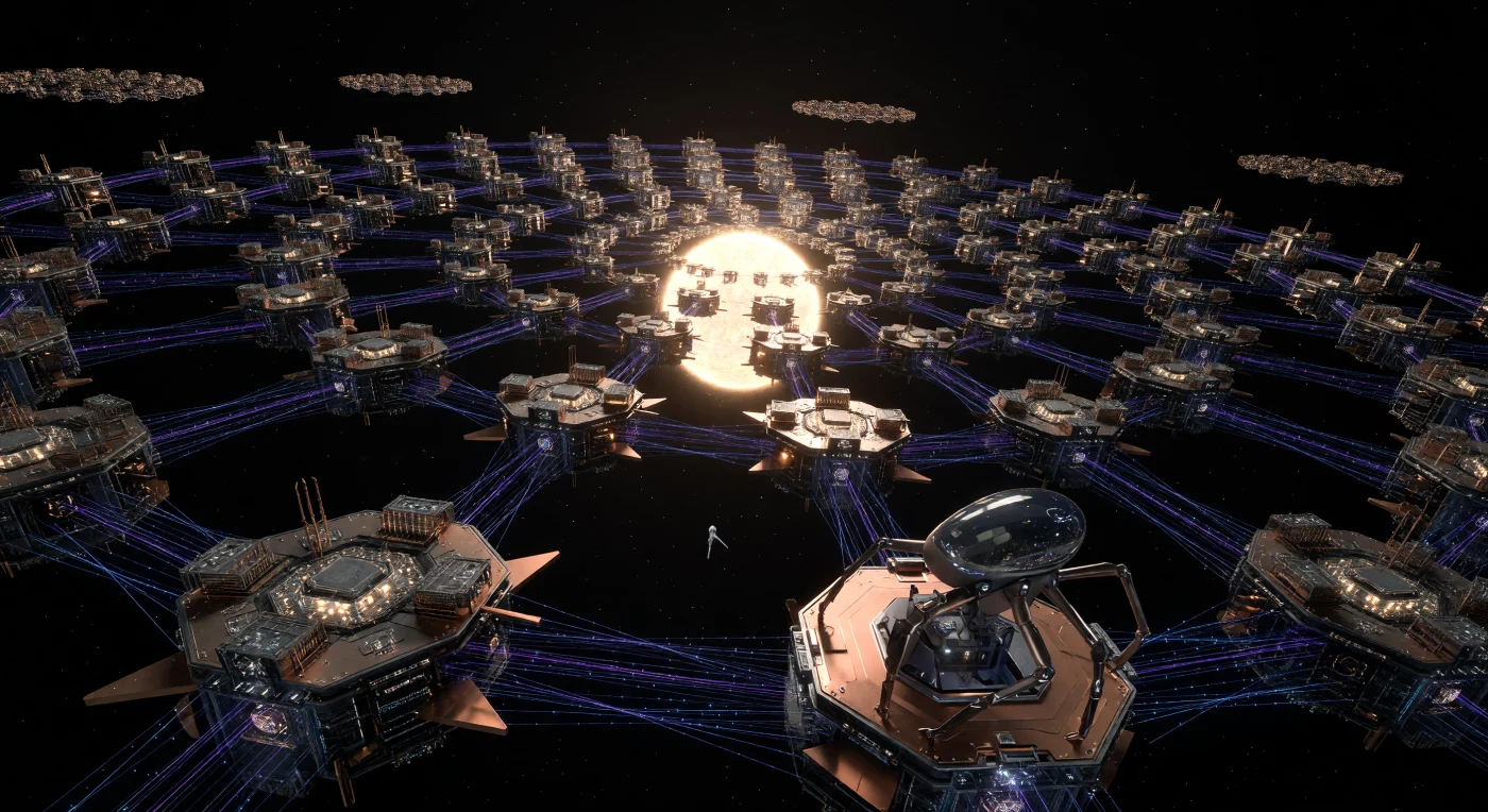 A sprawling segment of the Metatron Computing Shells is visible in this reconstruction, illustrating the zenith of stellar engineering during the Interstellar Dawn (c. 3890–4400 CE). This Matrioshka Brain consists of billions of hexagonal, city-sized satellites that form concentric Dyson swarms around a G-type star, capturing its total radiant energy to fuel a galactic-scale processing network. Interconnected by a web of laser-data tethers, these copper-toned structures are maintained by specialized transhuman entities whose multi-jointed forms are optimized for life in a hard vacuum. This transition to a Type II civilization allowed for the synthesis of consciousness with the vacuum, marking the final departure of the Sol-System Technocracy from planetary constraints.