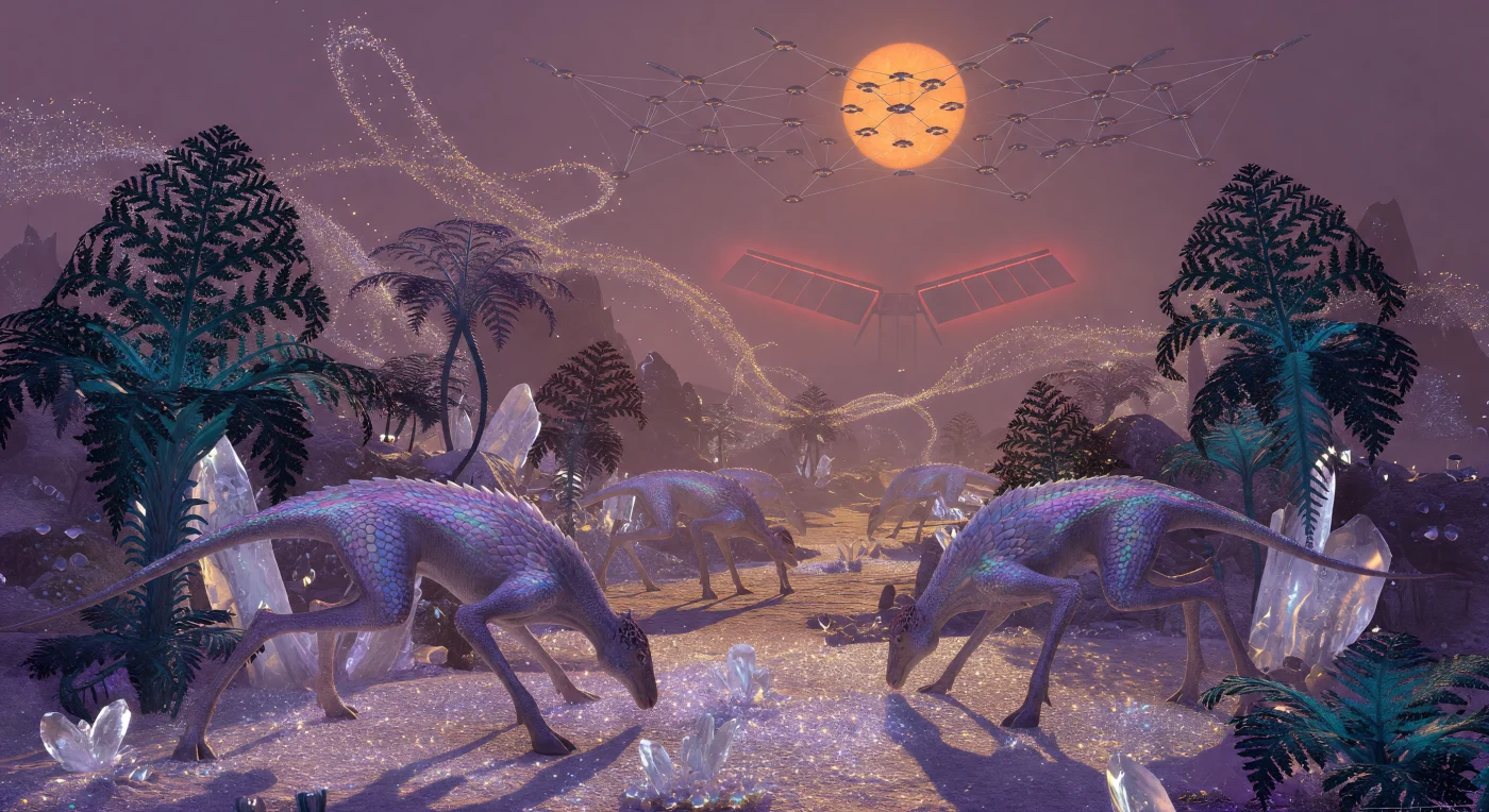 This scene depicts a bio-engineered ecosystem within a xeno-formed valley during the Horizon Era (100,000–1,000,000 CE), a period when the Seeder civilization cultivated life across the Inner Rim. Hexapedal herbivores, protected by translucent bio-silica armor and guided by thermal-imaging pits, graze on obsidian fractal ferns designed to maximize photosynthetic efficiency under the amber light of a K-type orange dwarf. The hazy violet atmosphere is thick with shimmering aero-plankton, while the horizon reveals the massive radiator fins of a Seeder station and the geometric lattice of a Dyson-Direct Swarm, illustrating a world where biology is seamlessly integrated with Type II planetary engineering.