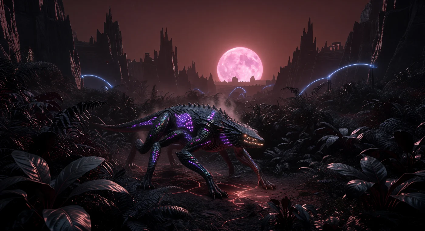 In the twilight forests of Proxima b during the Interstellar Dawn (3000–5000 CE), a hexapedal engineered predator stalks through low-lying, obsidian-hued photosynthetic flora. This apex hunter utilizes infrared-sensitive pit organs and a carbon-nanotube reinforced skeleton to thrive in the planet’s 1.2g gravity and the dim, red-shifted light of the stationary M-dwarf star, Proxima Centauri. The scene illustrates a complex, high-gravity ecosystem where "Black-Leaf" vegetation has evolved to maximize photon absorption across the infrared spectrum, supporting a biosphere fundamentally shaped by the star's volatile flare cycles.