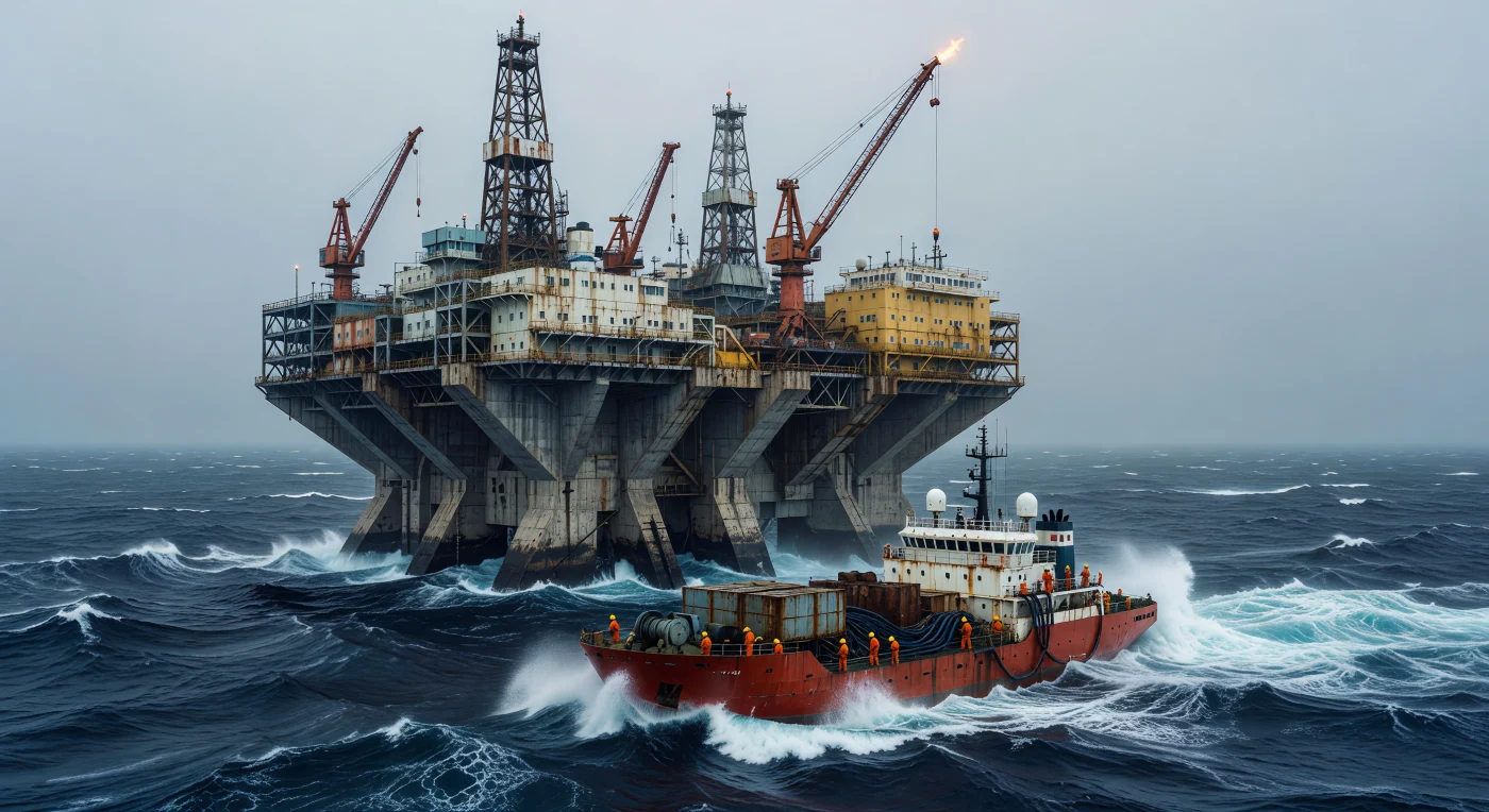 The Hibernia Gravity Base Structure (GBS) towers over the turbulent waters of the Grand Banks, Newfoundland, representing a pinnacle of offshore engineering at the close of the 20th century. Completed in 1997, the platform’s massive reinforced concrete base features a unique serrated design specifically engineered to withstand the impact of drifting icebergs. This industrial fortress, shown here alongside a dwarfed offshore supply vessel, highlights the transition toward high-tech, large-scale resource extraction in one of the world’s most hostile maritime environments.
