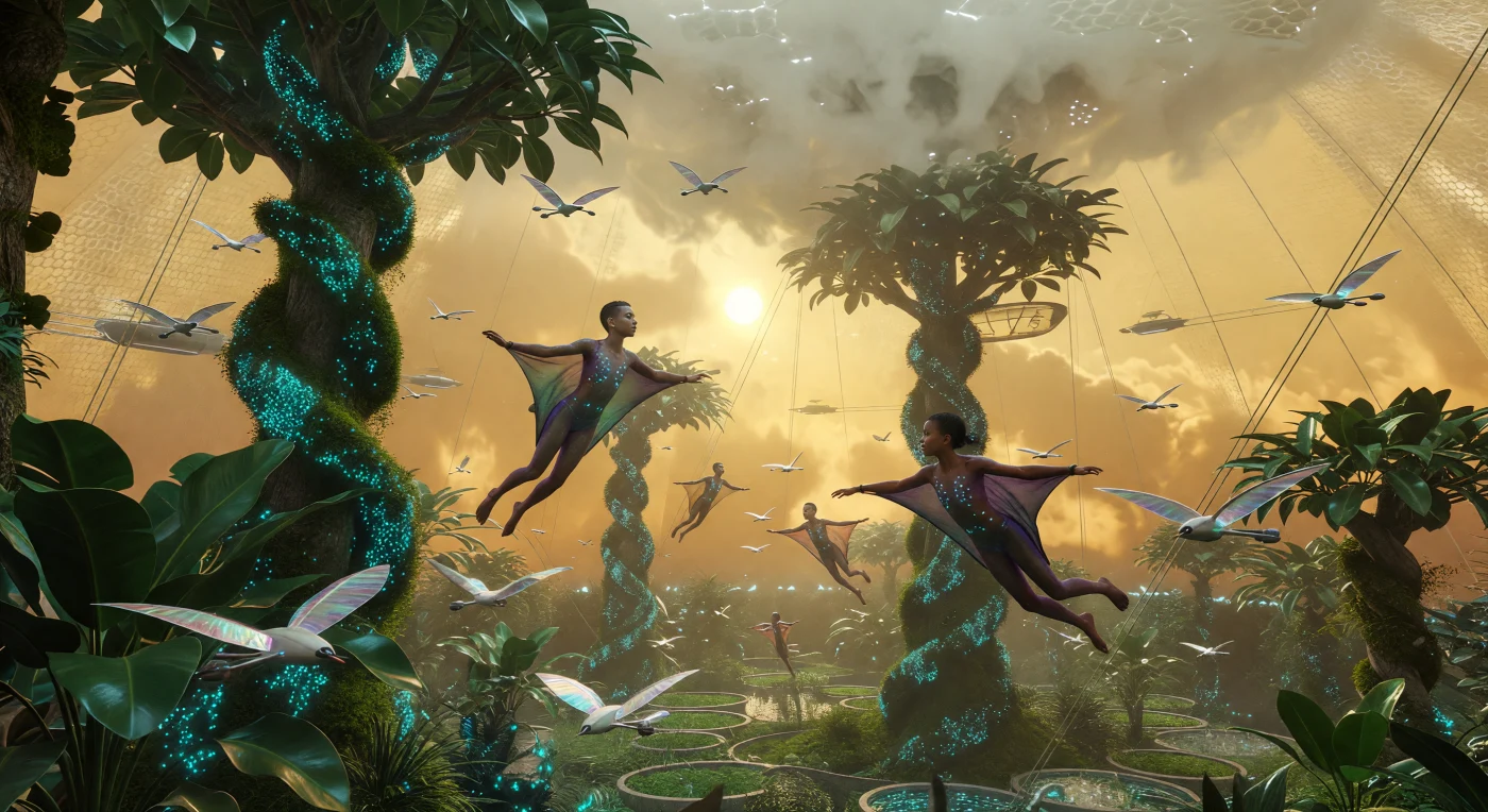 Set within an Ishtar Floating City during the Convergence (c. 2100–2200 CE), this scene illustrates a high-altitude sanctuary suspended 52 kilometers above the hostile Venusian surface. Genetically engineered *Ficus* trees and bioluminescent mosses thrive within a pressurized aerostat, where Aeros-humans—specialized descendants with UV-resistant skin and pulmonary-filter symbionts—navigate oxygen-rich thermals in lightweight glider-suits. Shimmering Syntho-avian AI drones flutter through the canopy, serving as a distributed sensory network beneath a translucent graphene dome that filters the planet’s perpetual, sulfurous golden glow.