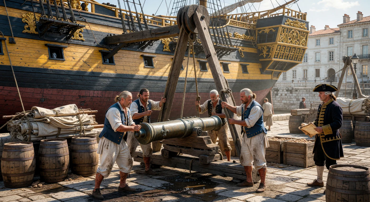 Op de zonovergoten kalkstenen kades van Toulon rond 1750 hijsen matrozen met zware henneptouwen een bronzen 32-ponder kanon aan boord van een majestueus Frans linieschip. De imposante eikenhouten romp, versierd met goudgeel barok snijwerk en de koninklijke fleur-de-lis, weerspiegelt de maritieme macht van Frankrijk tijdens de Verlichting. Dit schouwspel van brute mankracht en verfijnde techniek illustreert de enorme logistieke inspanningen die nodig waren om de vloot te onderhouden die de Franse belangen wereldwijd, van de Middellandse Zee tot aan Nieuw-Frankrijk, moest beschermen.