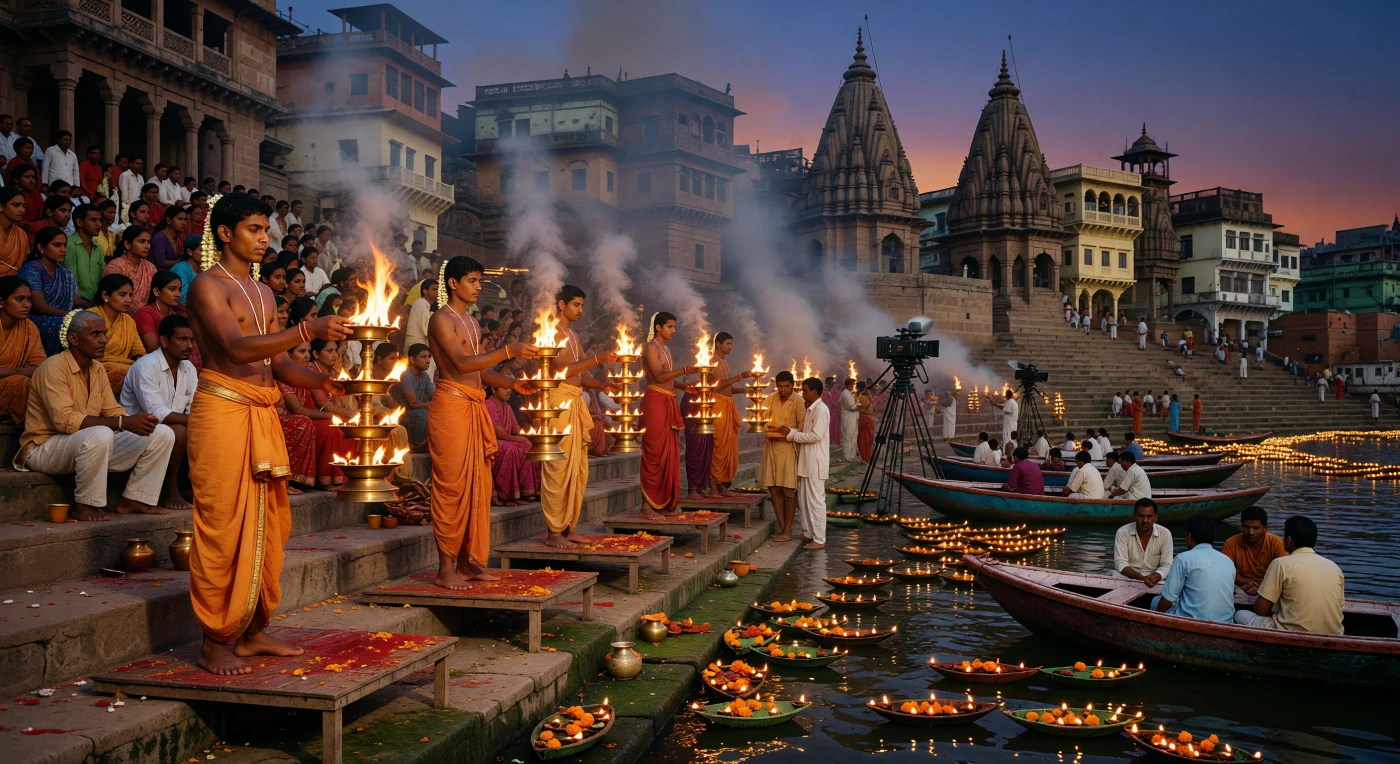 Young Hindu priests perform the rhythmic *Ganga Aarti* ritual at Dashashwamedh Ghat in Varanasi, waving tiered brass lamps that illuminate the dusk with flickering camphor flames. This mid-1990s scene captures the spiritual atmosphere of North India before the digital age, featuring pilgrims dressed in traditional hand-loomed cotton saris and simple khadi garments gathered on the ancient sandstone steps. The ceremony remains a vital expression of contemporary Hindu devotion, blending centuries-old Vedic traditions with the weathered architectural backdrop of one of the world's oldest continually inhabited cities.