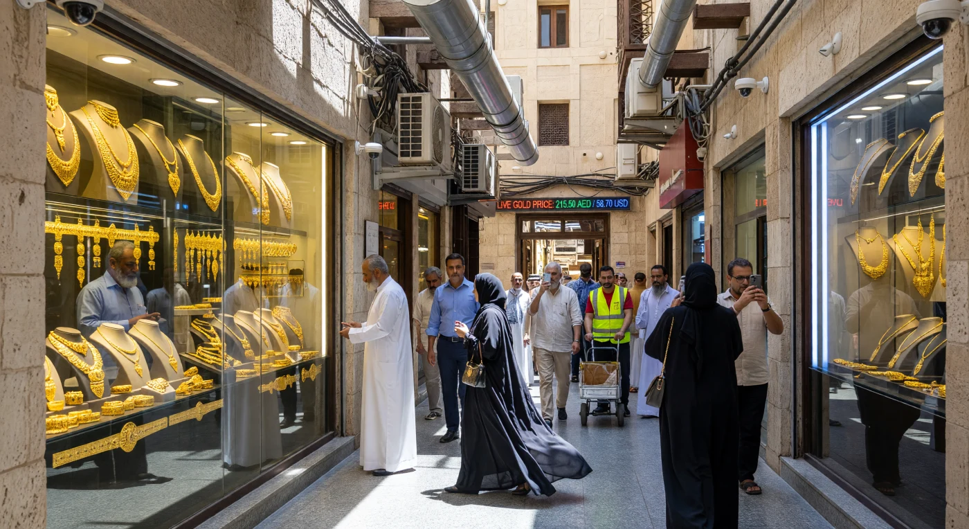 In der flirrenden Hitze Dubais zeigt dieser Blick in den Gold-Souk von Deira die faszinierende Verbindung von jahrhundertealter Handelstradition und der technologischen Infrastruktur des digitalen Zeitalters. Hinter verstärktem Sicherheitsglas funkeln opulente, 22-karätige Brautketten und filigraner Schmuck, während historische Kalksteinmauern mit industriellen Klimaanlagen und digitalen LED-Preisanzeigen für den globalen Goldkurs nachgerüstet wurden. Diese Szene verdeutlicht Dubais Aufstieg zum globalen Handelszentrum der 2020er Jahre, in dem hypermoderne Sicherheit und künstliche Kühlung den Rahmen für den Fortbestand antiker Reichtümer in einer vernetzten Welt bilden.