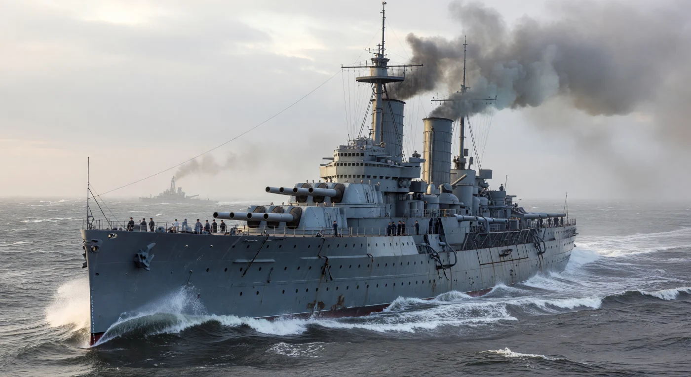 The HMS Dreadnought, the revolutionary battleship that redefined naval warfare upon its 1906 launch, is depicted here cutting through the frigid waters of the North Sea. This "all-big-gun" vessel, characterized by its massive 12-inch turrets and iconic tripod masts, signaled the peak of the Edwardian naval arms race and the transition to modern industrial maritime combat. The scene captures the formidable presence of the British Royal Navy during the Belle Époque, an era where steel, coal, and naval supremacy dictated the global balance of power.